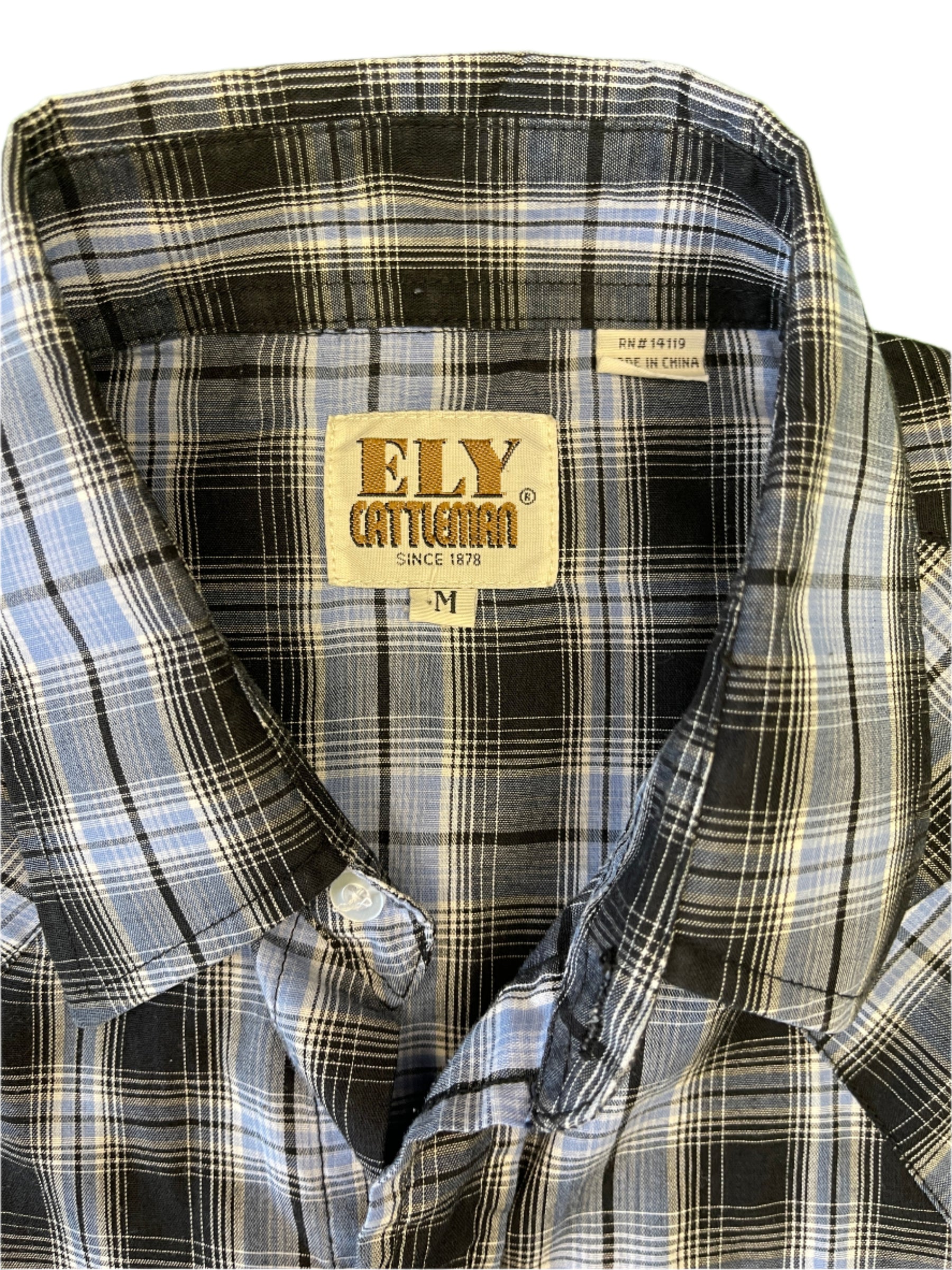 Ely Cattleman Western L/S Blue Black Plaid Shirt Poppers Men's Medium