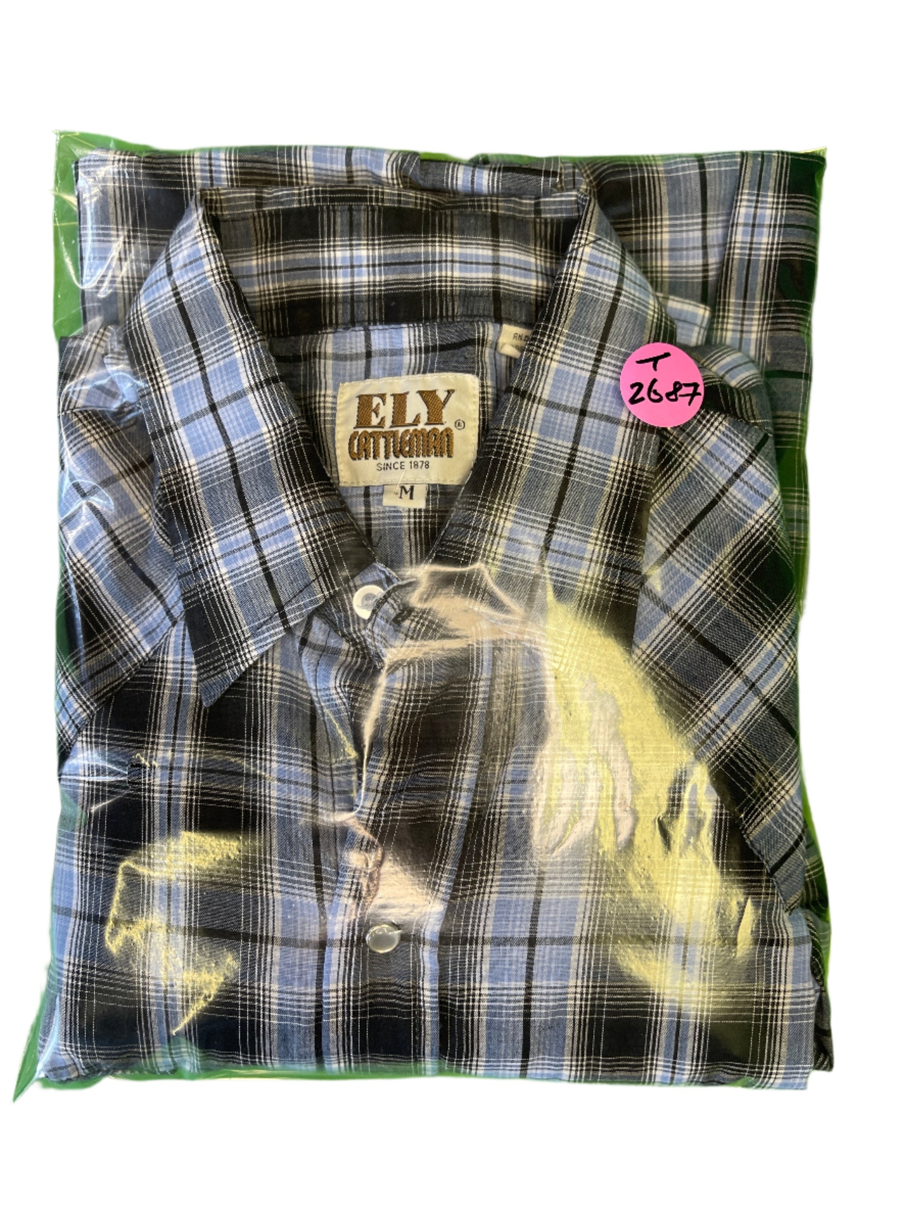 Ely Cattleman Western L/S Blue Black Plaid Shirt Poppers Men's Medium