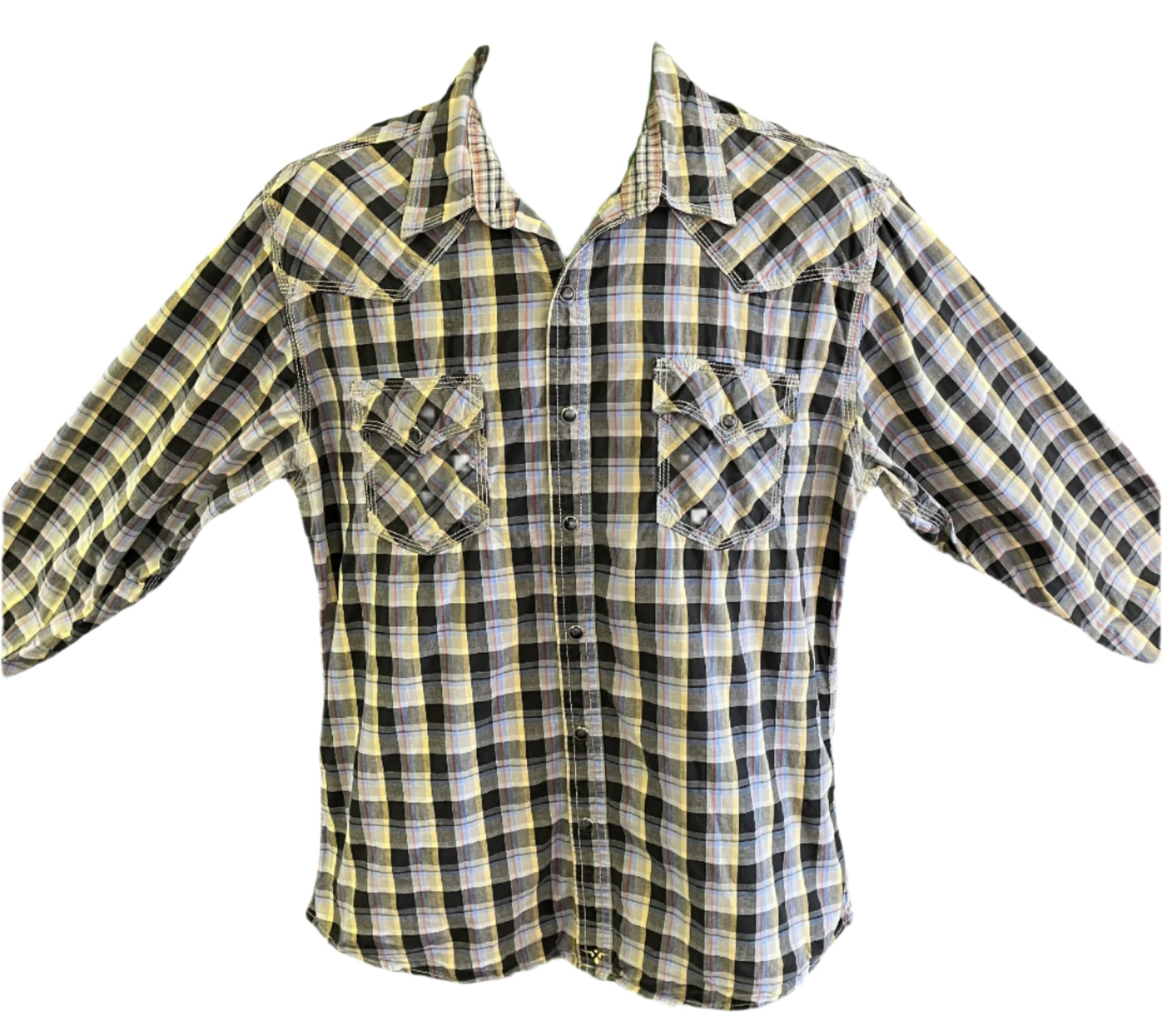 Wrangler 20X Western Shirt Teal Blue Beige Red Plaid 100% Cotton Men's Large