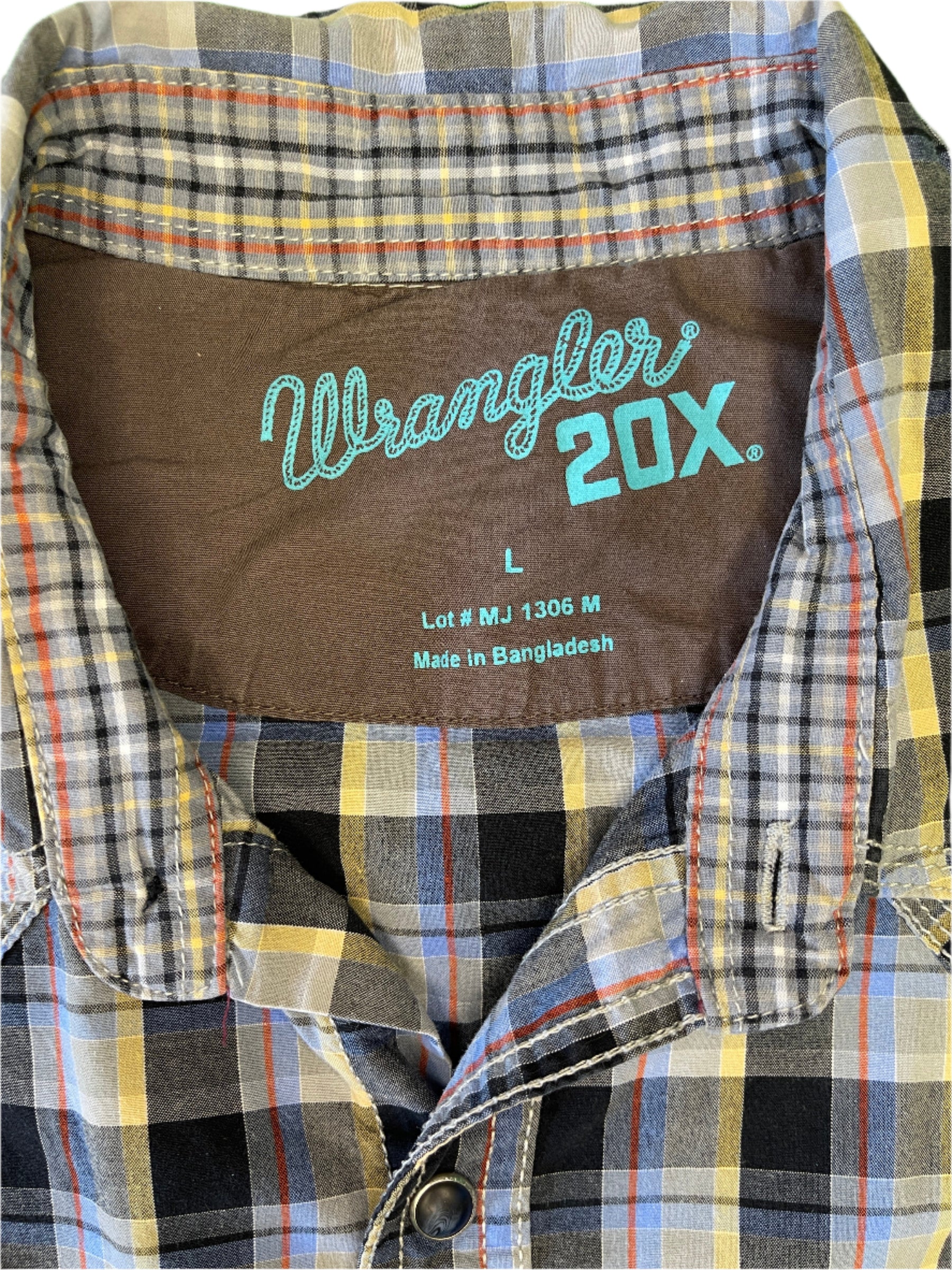 Wrangler 20X Western Shirt Teal Blue Beige Red Plaid 100% Cotton Men's Large