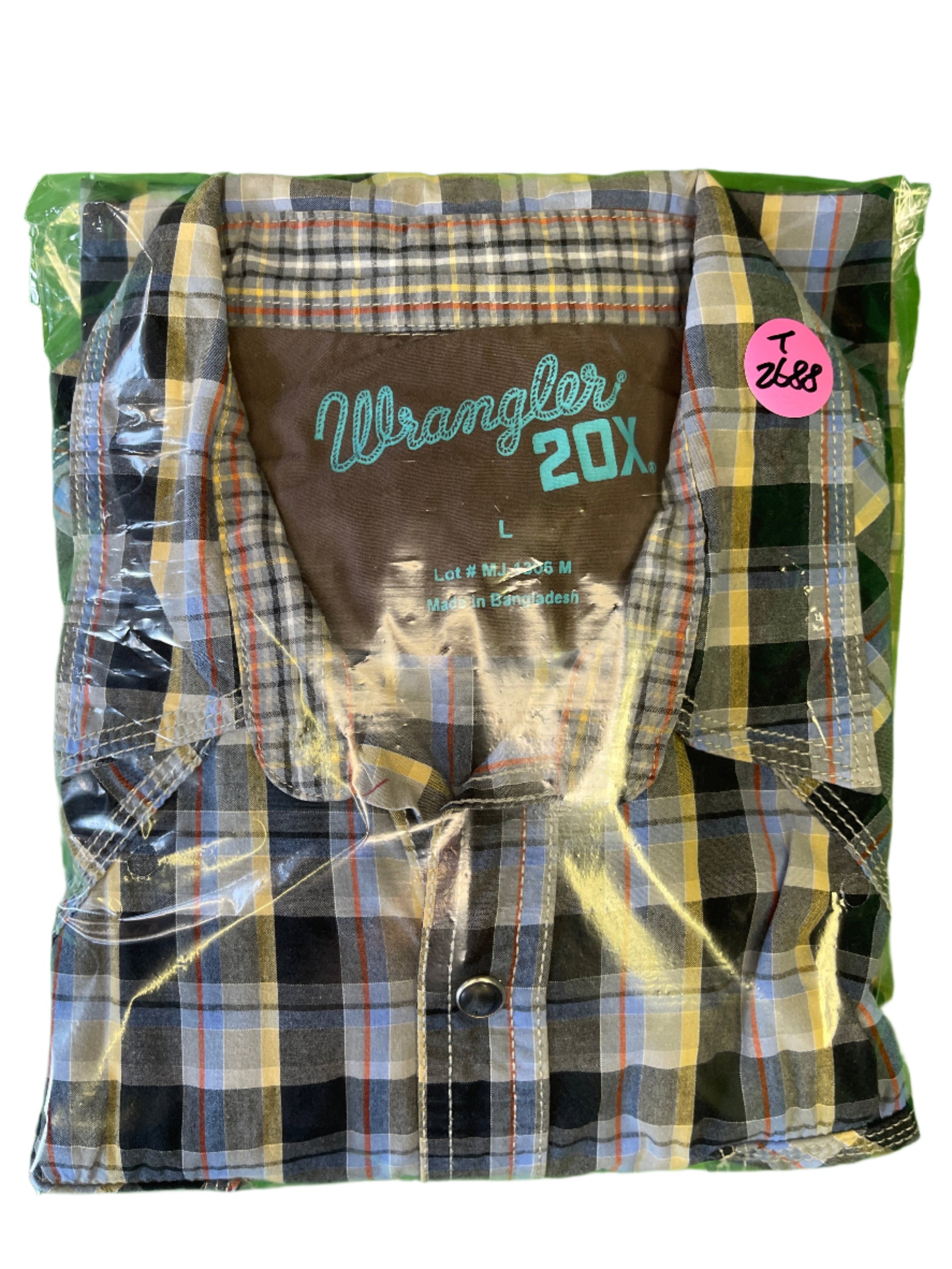 Wrangler 20X Western Shirt Teal Blue Beige Red Plaid 100% Cotton Men's Large