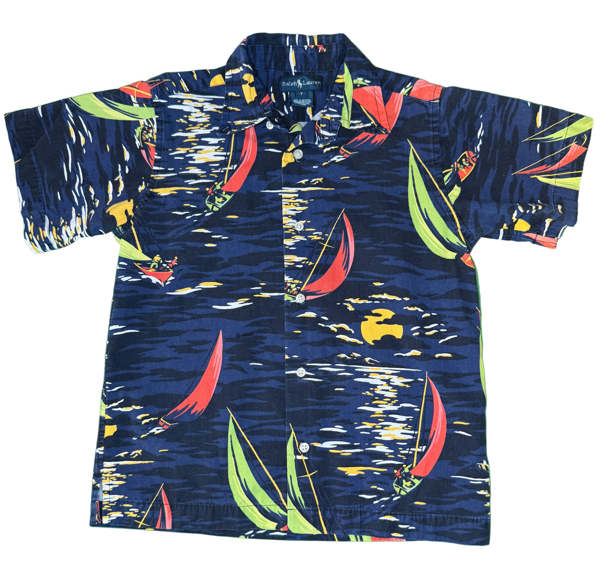 Hawaiian Aloha Style Shirt Ralph Lauren Sailing Scenes Youth Small 7