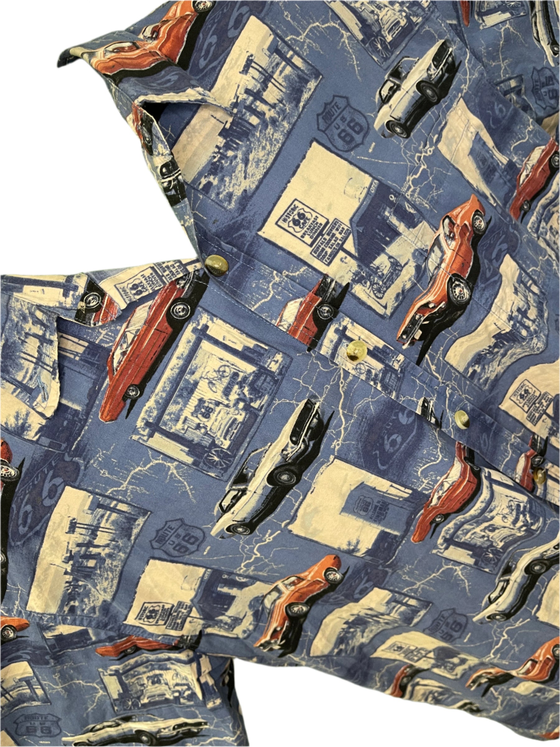 Route 66 American Muscle Cars Mustang Blue Button Up Shirt S/S Men's 2X-Large