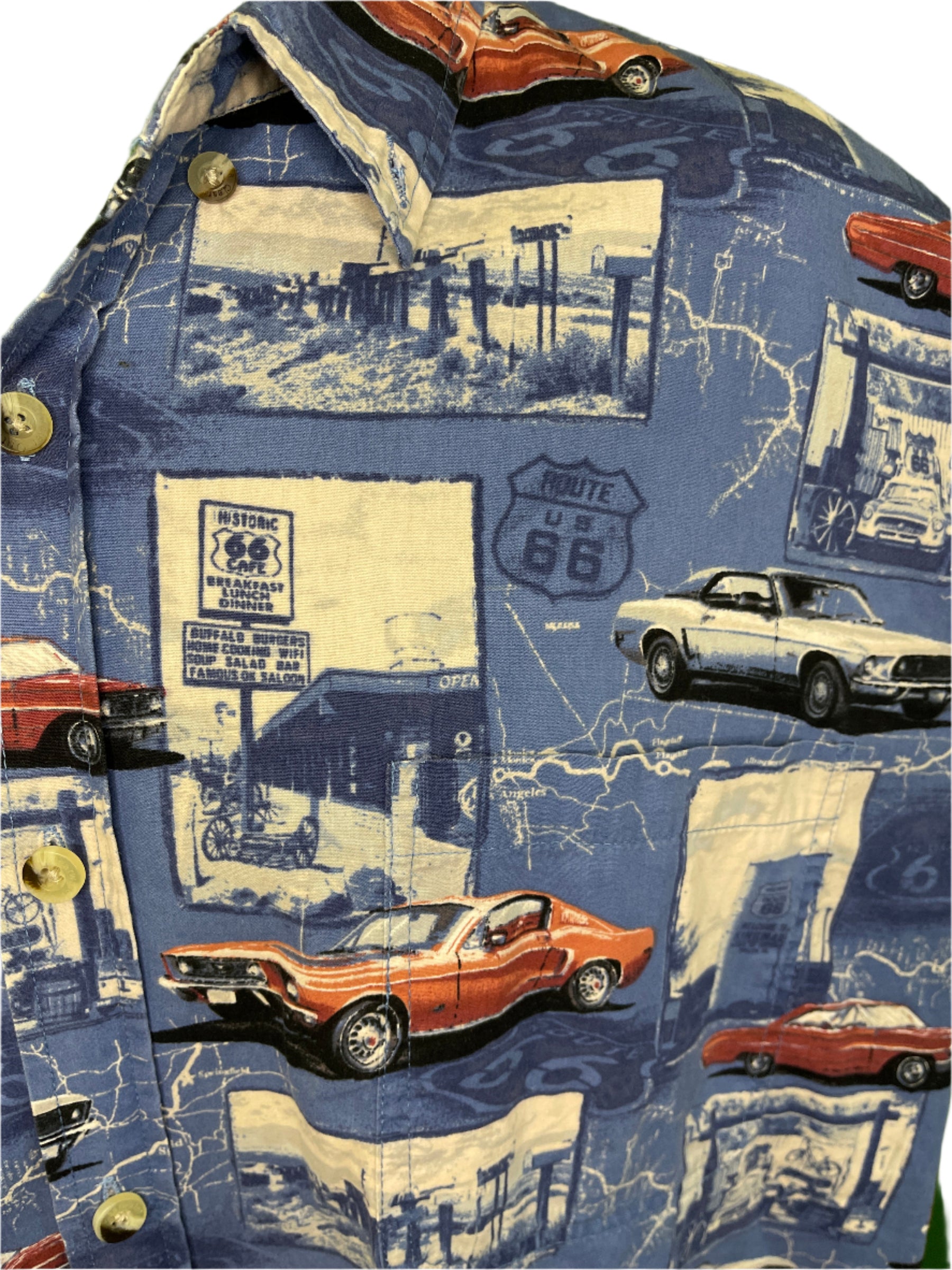 Route 66 American Muscle Cars Mustang Blue Button Up Shirt S/S Men's 2X-Large