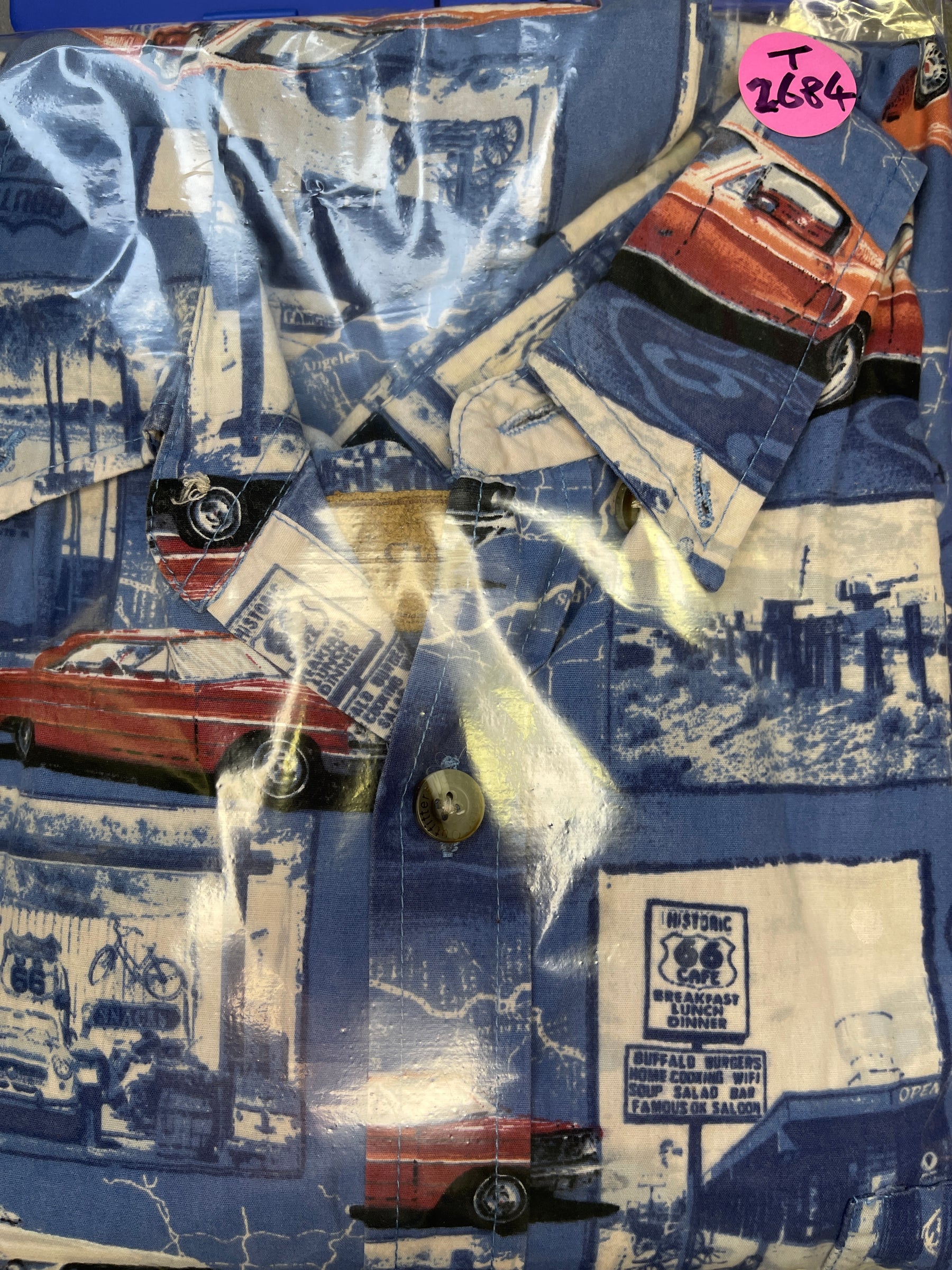 Route 66 American Muscle Cars Mustang Blue Button Up Shirt S/S Men's 2X-Large
