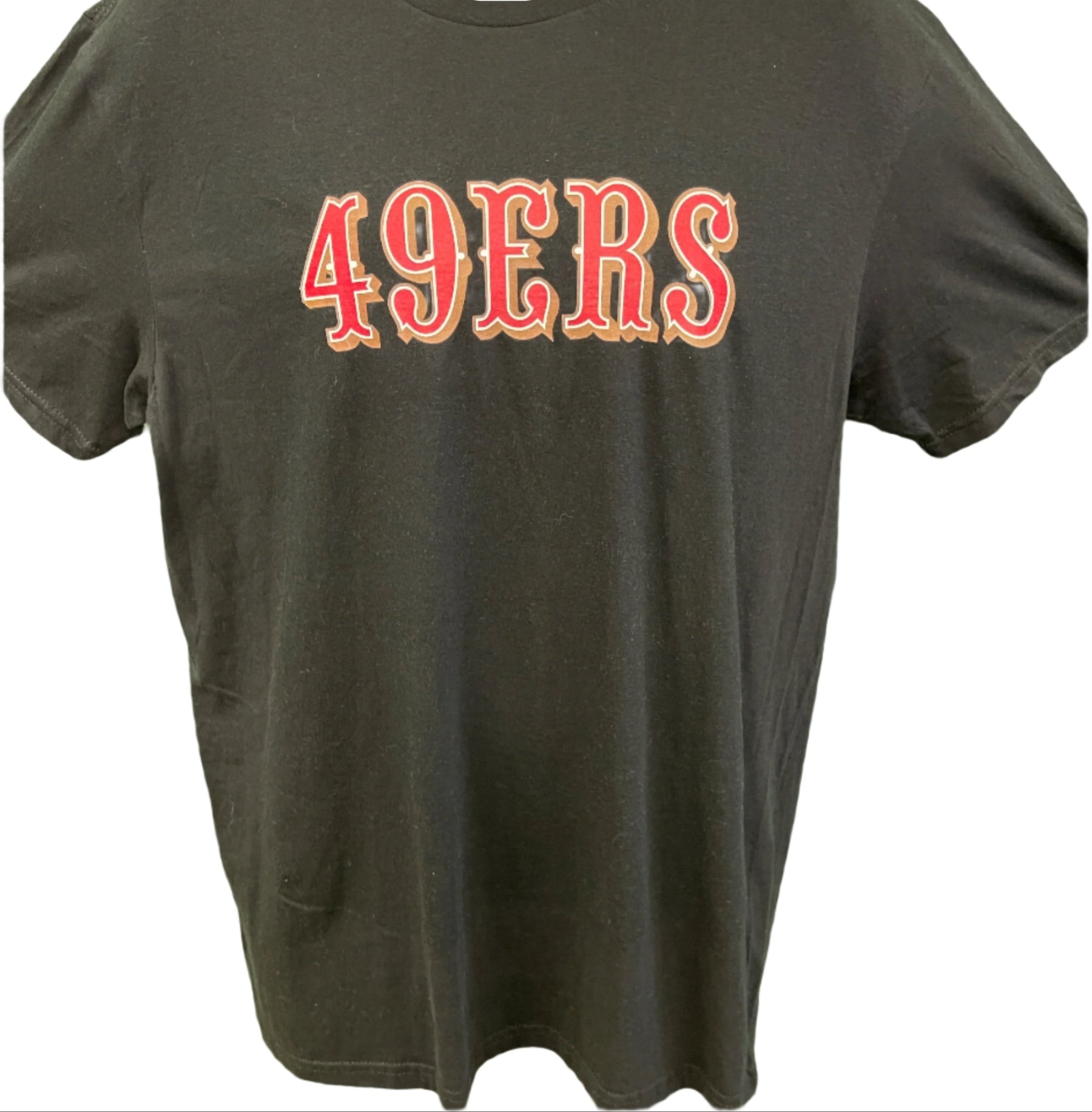 Black t-shirt with '49ERS' printed in red on a white background