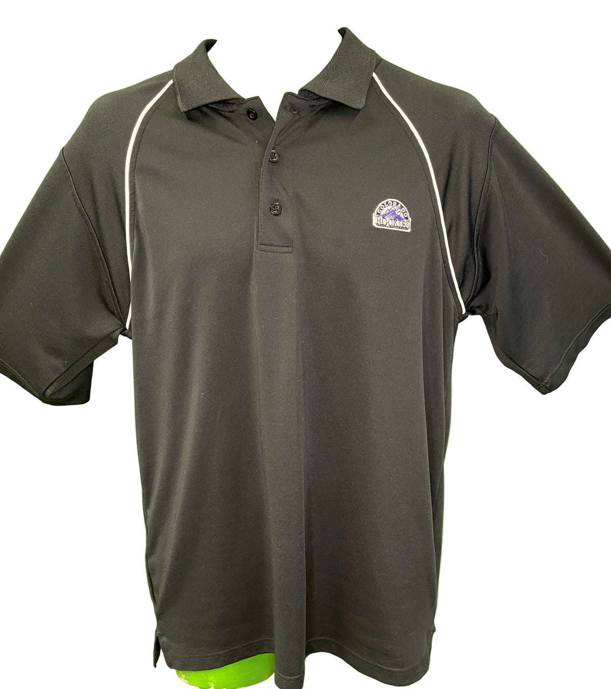 MLB Colorado Rockies True Fan Black Polo Golf Shirt White Piping Men's Medium
