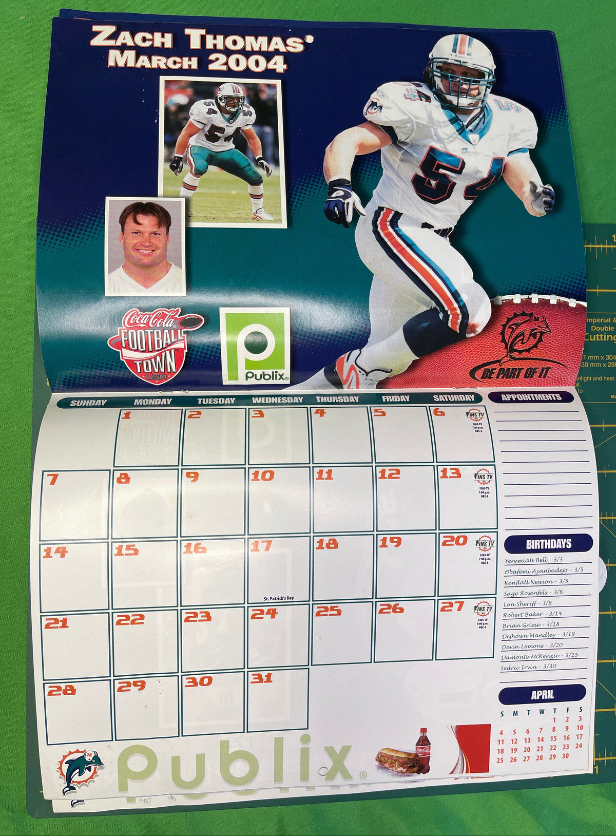 NFL Miami Dolphins 2003-04 Vintage Advertising Calendar Publix Coke