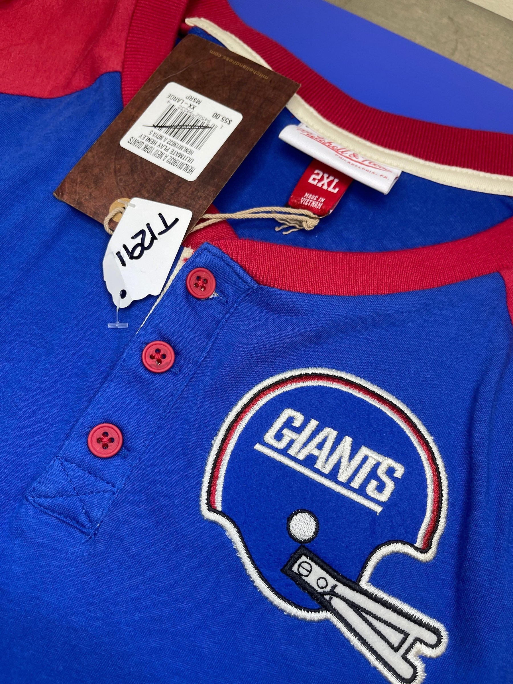 NFL New York Giants Mitchell & Ness Henley 3/4 Sleeve T-Shirt Men's 2X-Large NWT