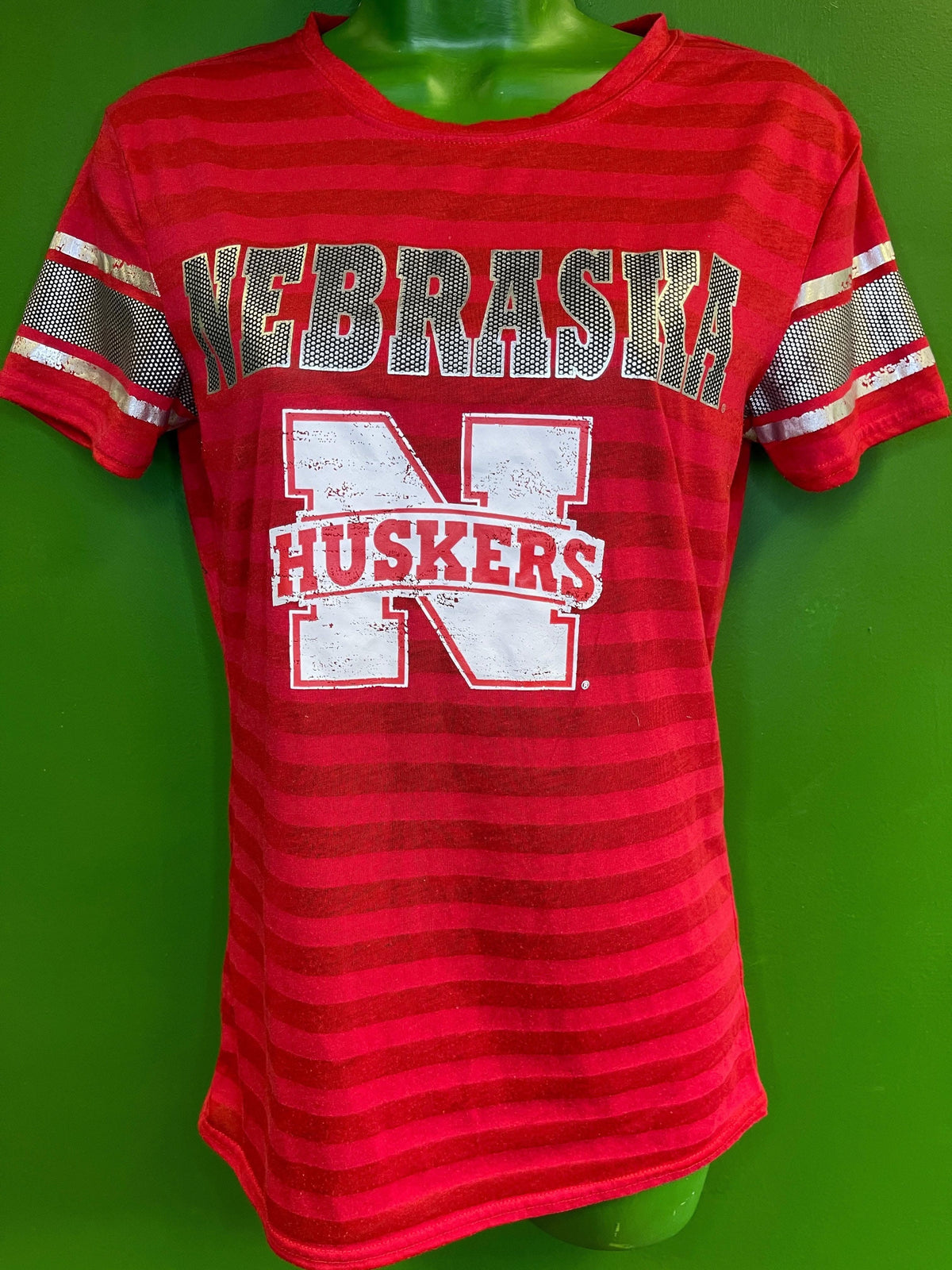 NCAA Nebraska Cornhuskers Sideline Shiny Red Striped T-Shirt Women's Medium