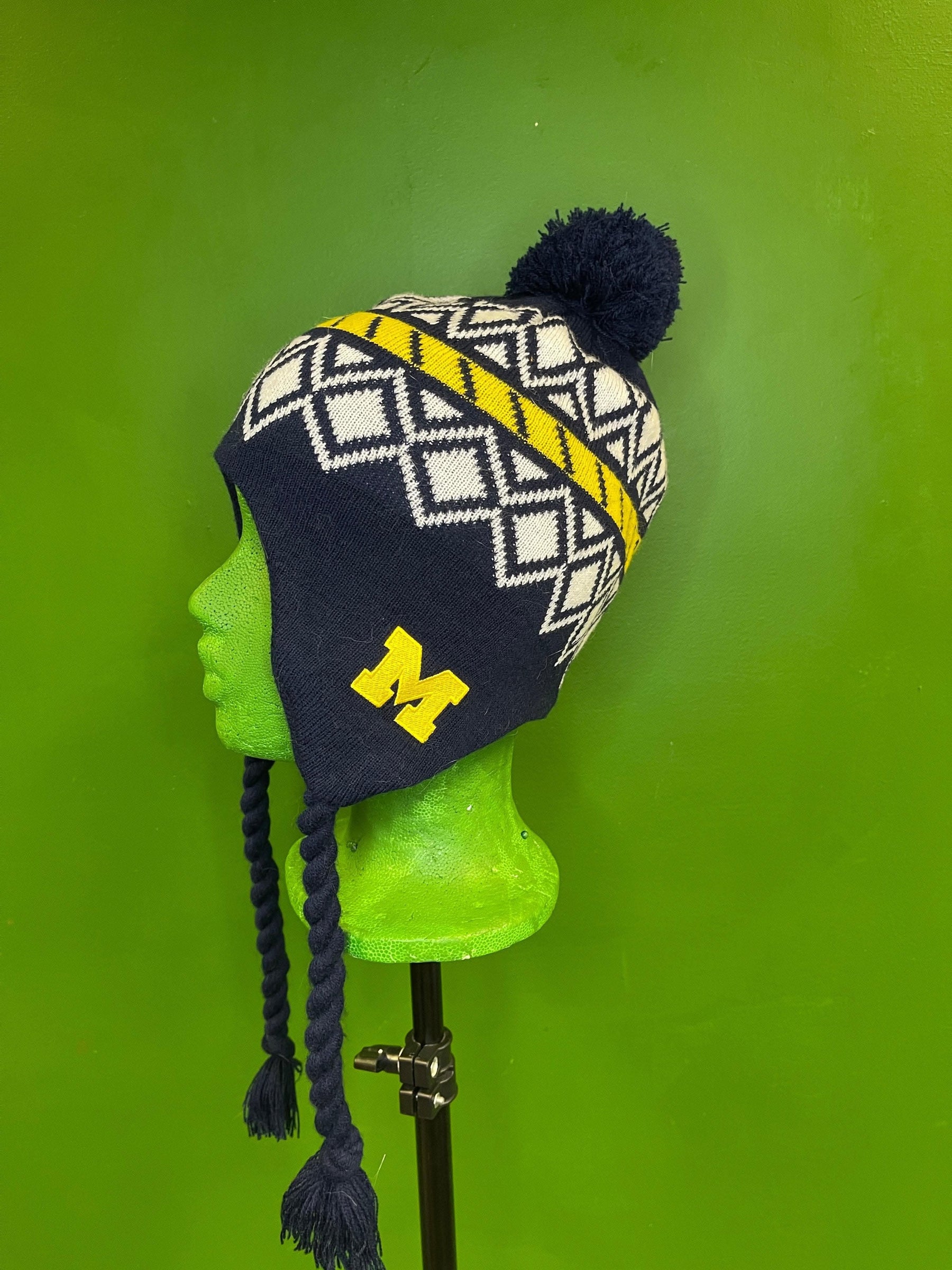 NCAA Michigan Wolverines Geometric Woolly Bobble Hat with Tassel Ties OSFM