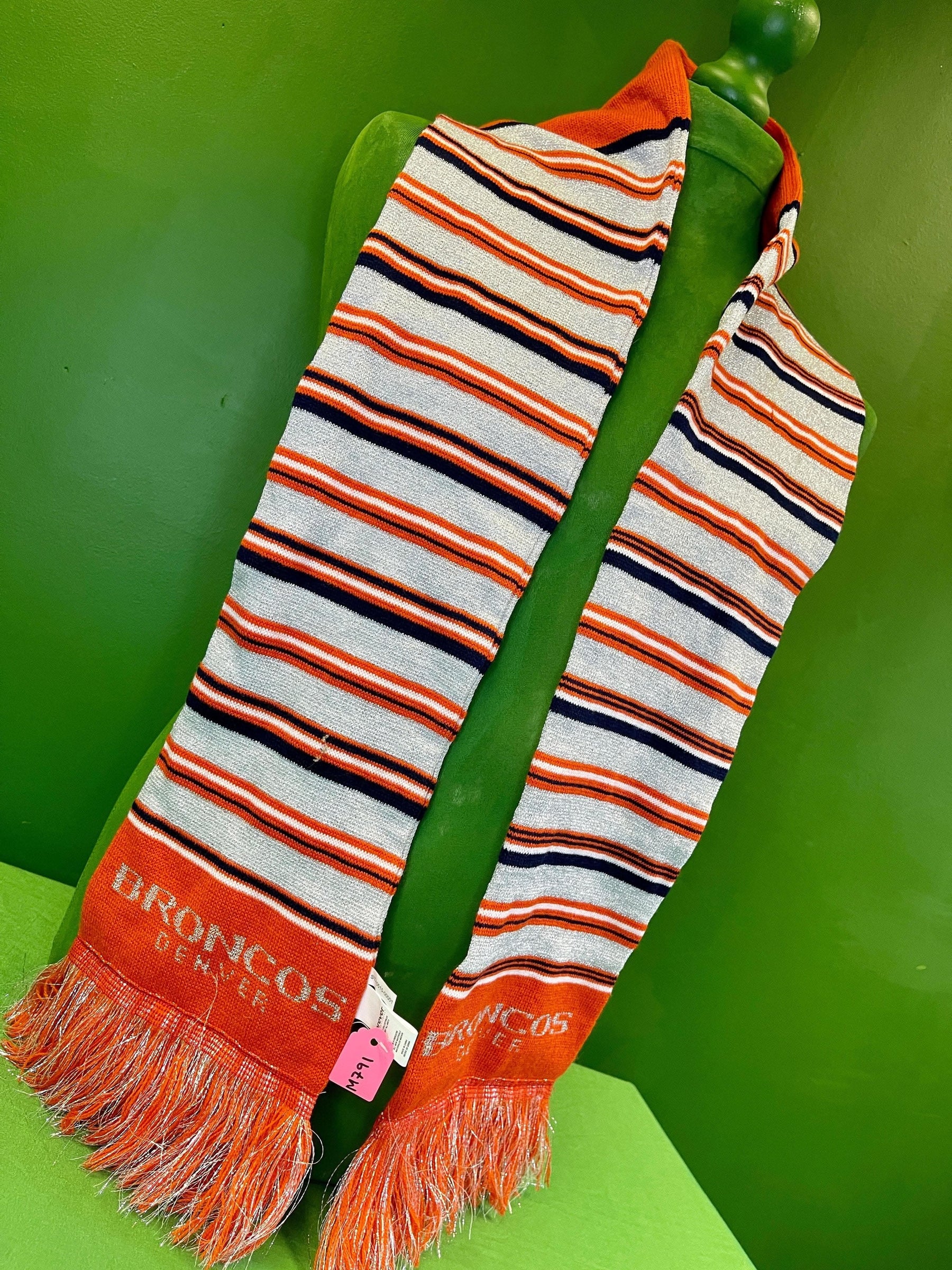 NFL Denver Broncos Forever Collectibles Striped Silver Sparkly Fringed Winter Scarf