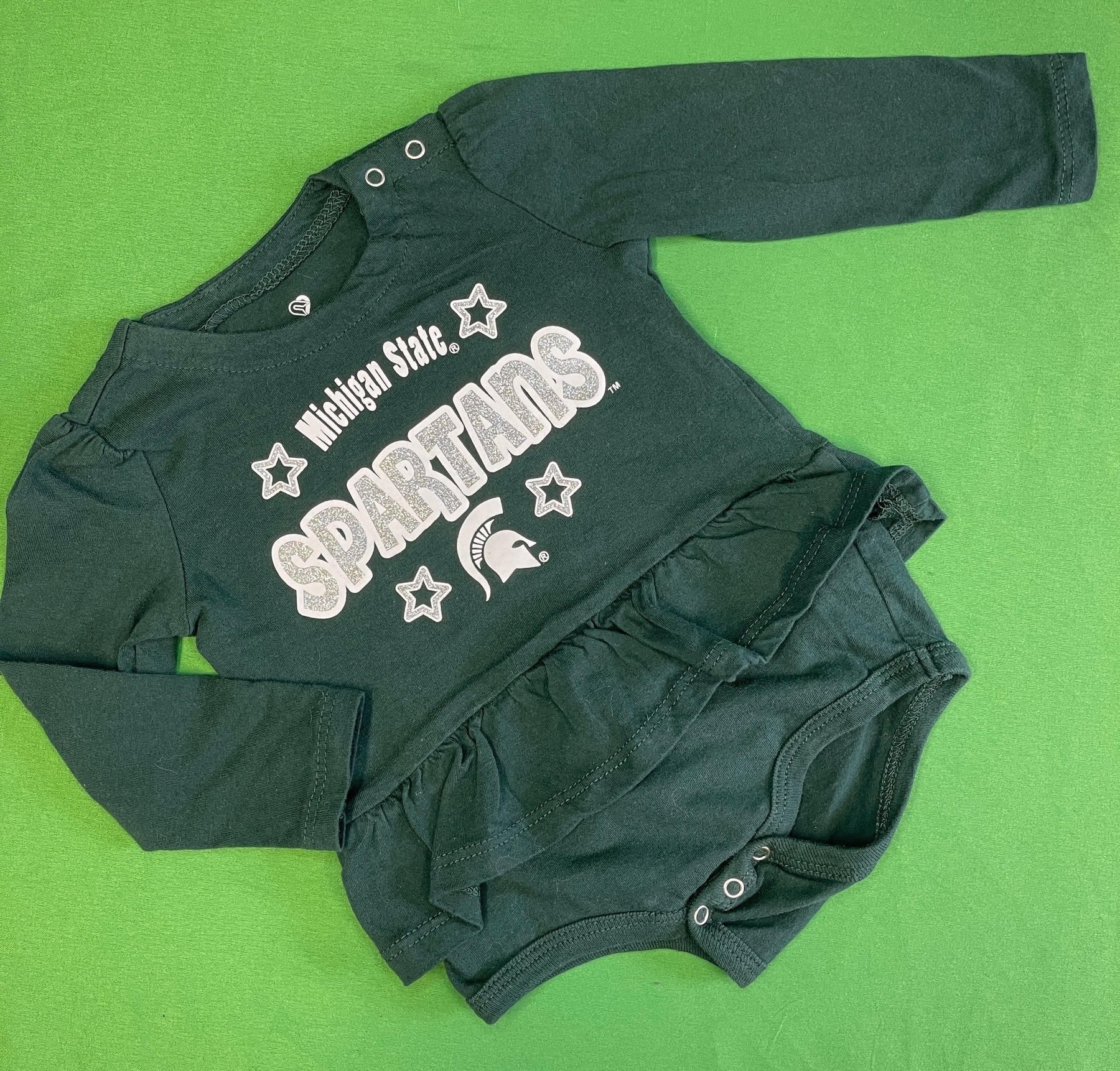 NCAA Michigan State Spartans Green L/S Infant Baby Ruffle Bodysuit 0-3 months