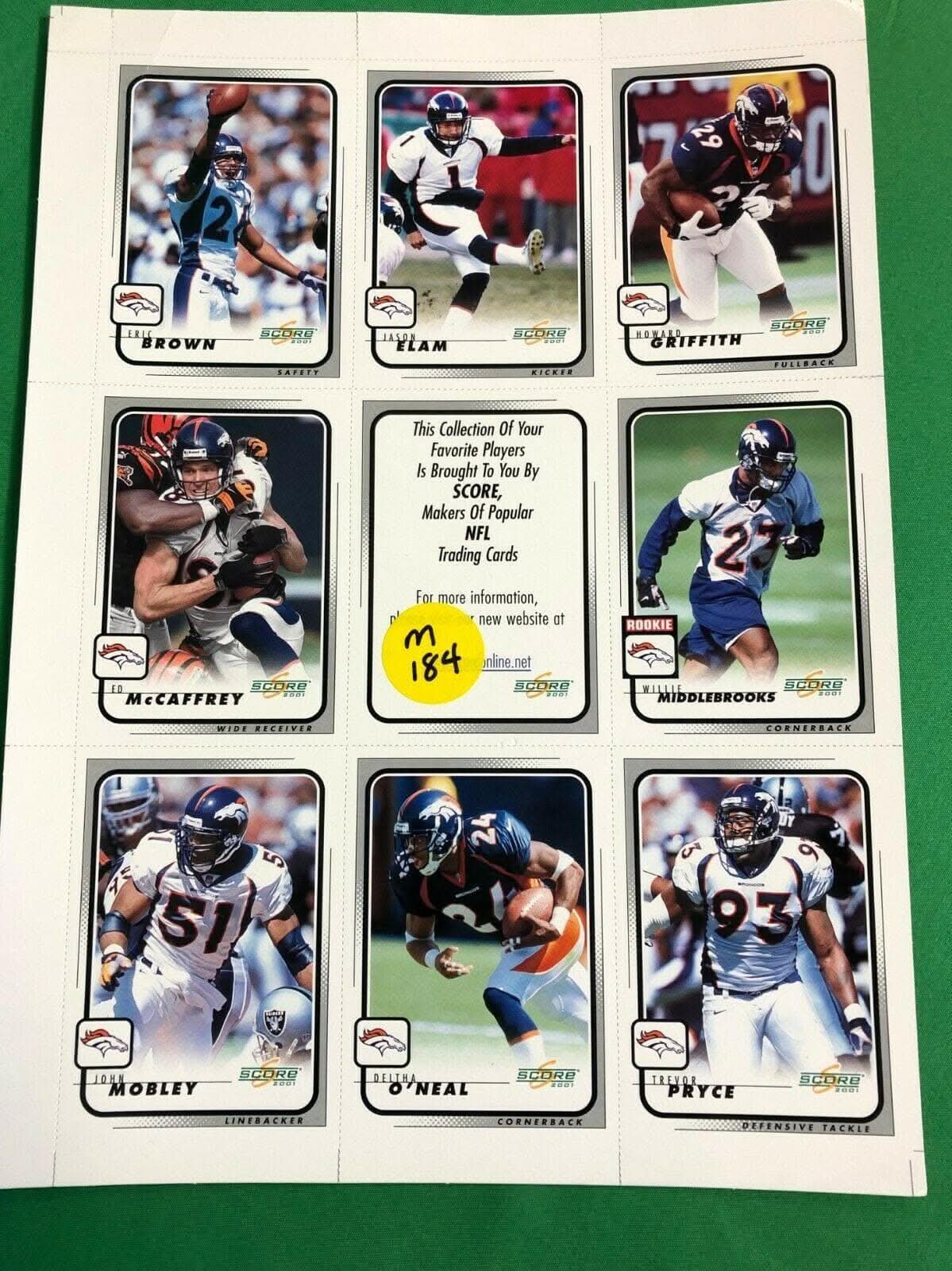 NFL Denver Broncos Uncut Sheet of 8 2001 Score Trading Cards