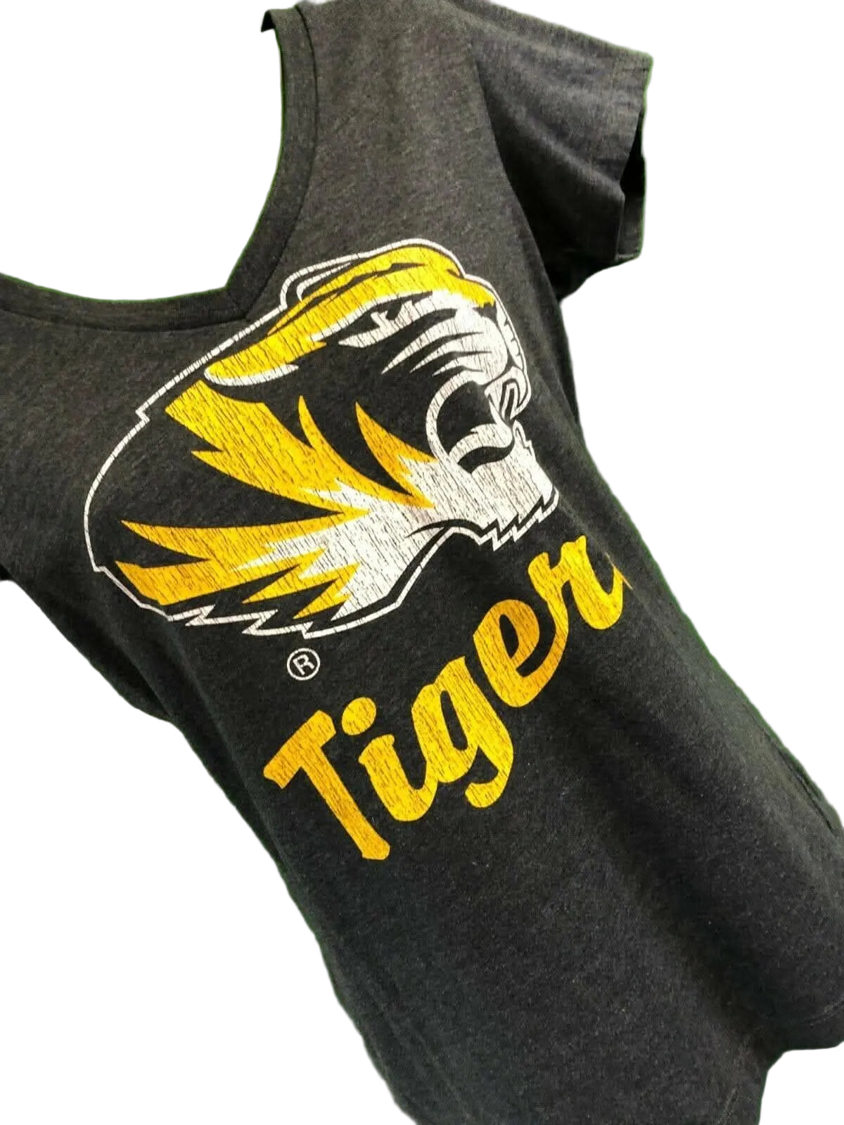 A gray Colosseum t-shirt with a large yellow and black logo of the Missouri Tigers on the front.