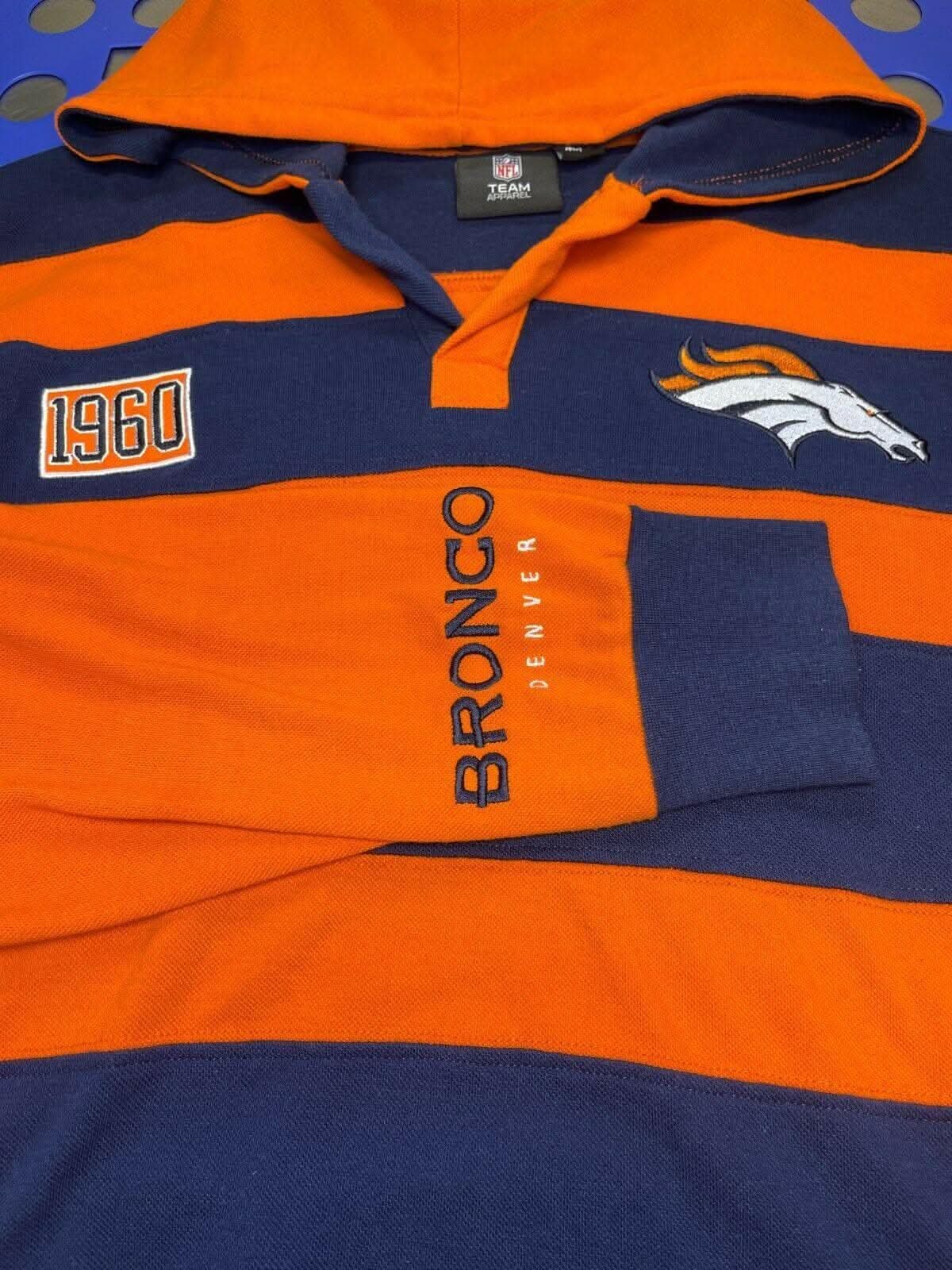 NFL Denver Broncos Pique Rugby Striped Hooded Top L-S Men's Large