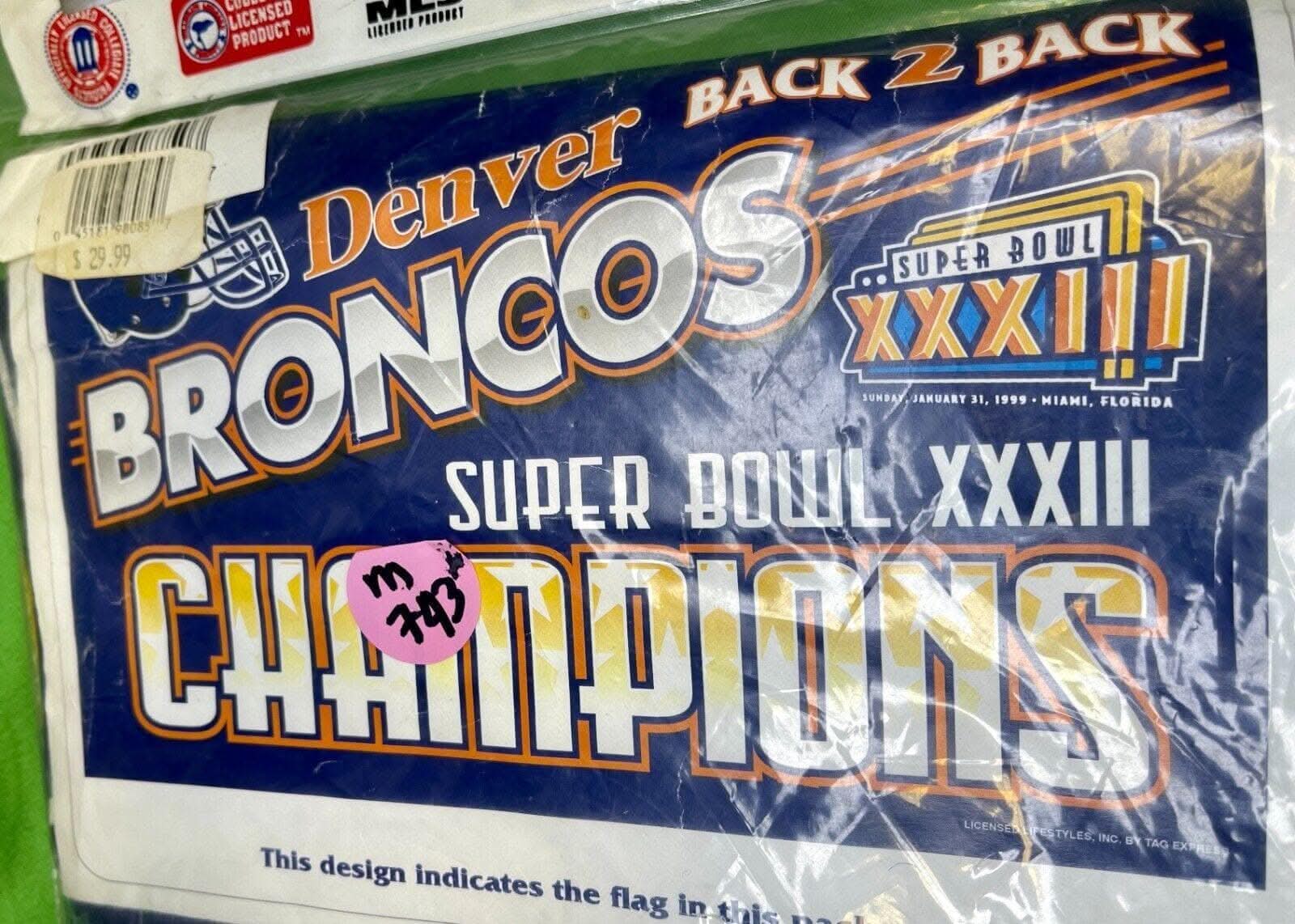NFL Denver Broncos Vintage Super Bowl XXXIII Flag Banner 3' X 5' NWT
