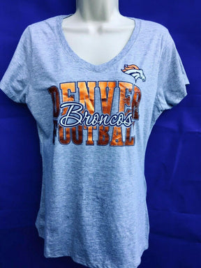 NFL Denver Broncos Grey V-Neck Metallic T-Shirt Women's Large NWT