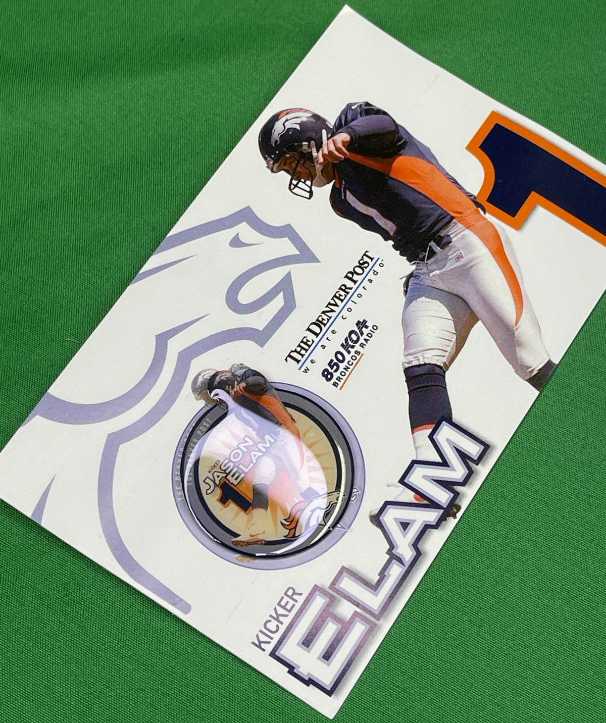 NFL Denver Broncos Jason Elam #1 Collectable Pin Badge on Card NWT