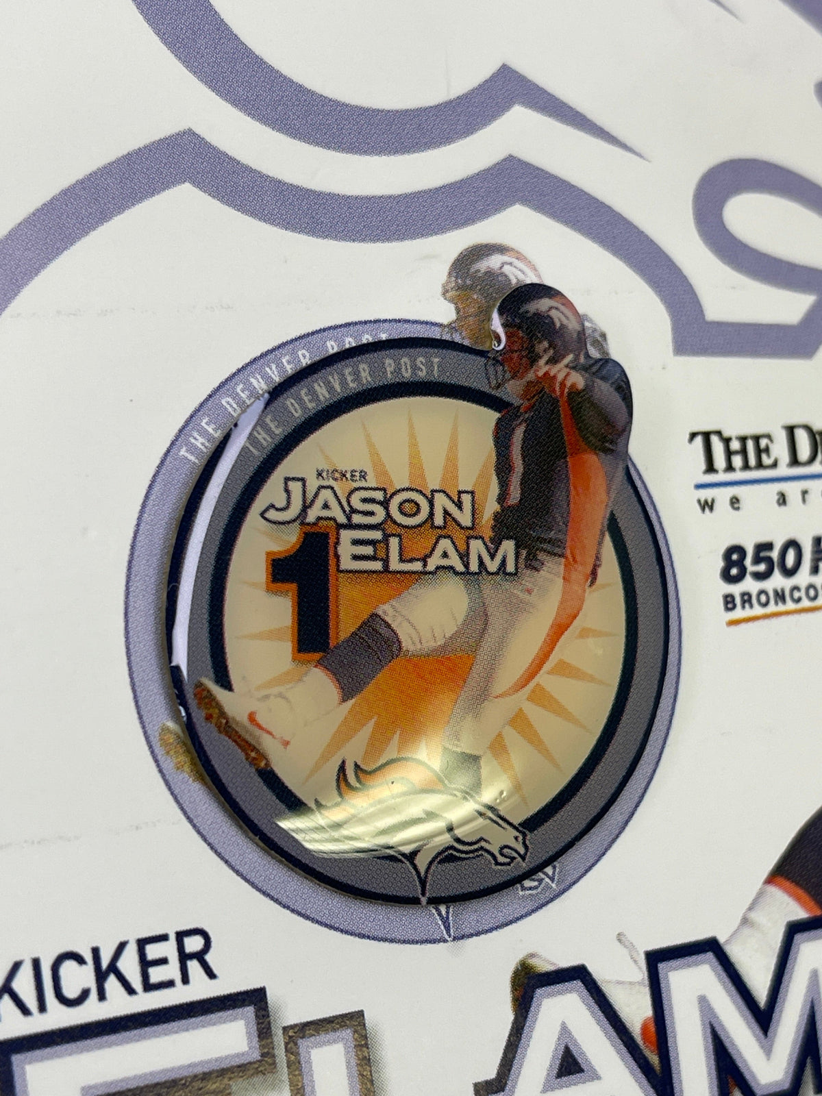 NFL Denver Broncos Jason Elam #1 Collectable Pin Badge on Card NWT