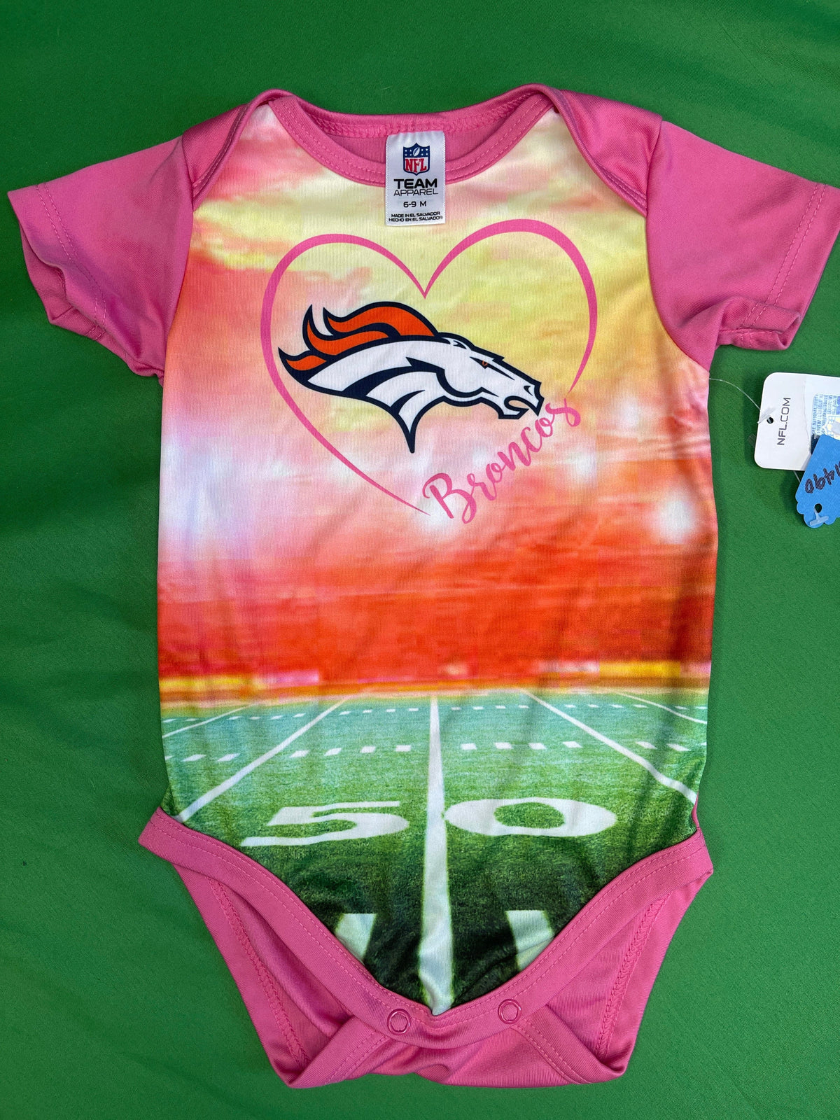 NFL Denver Broncos Bright Pink Field Bodysuit 6-9 Months NWT