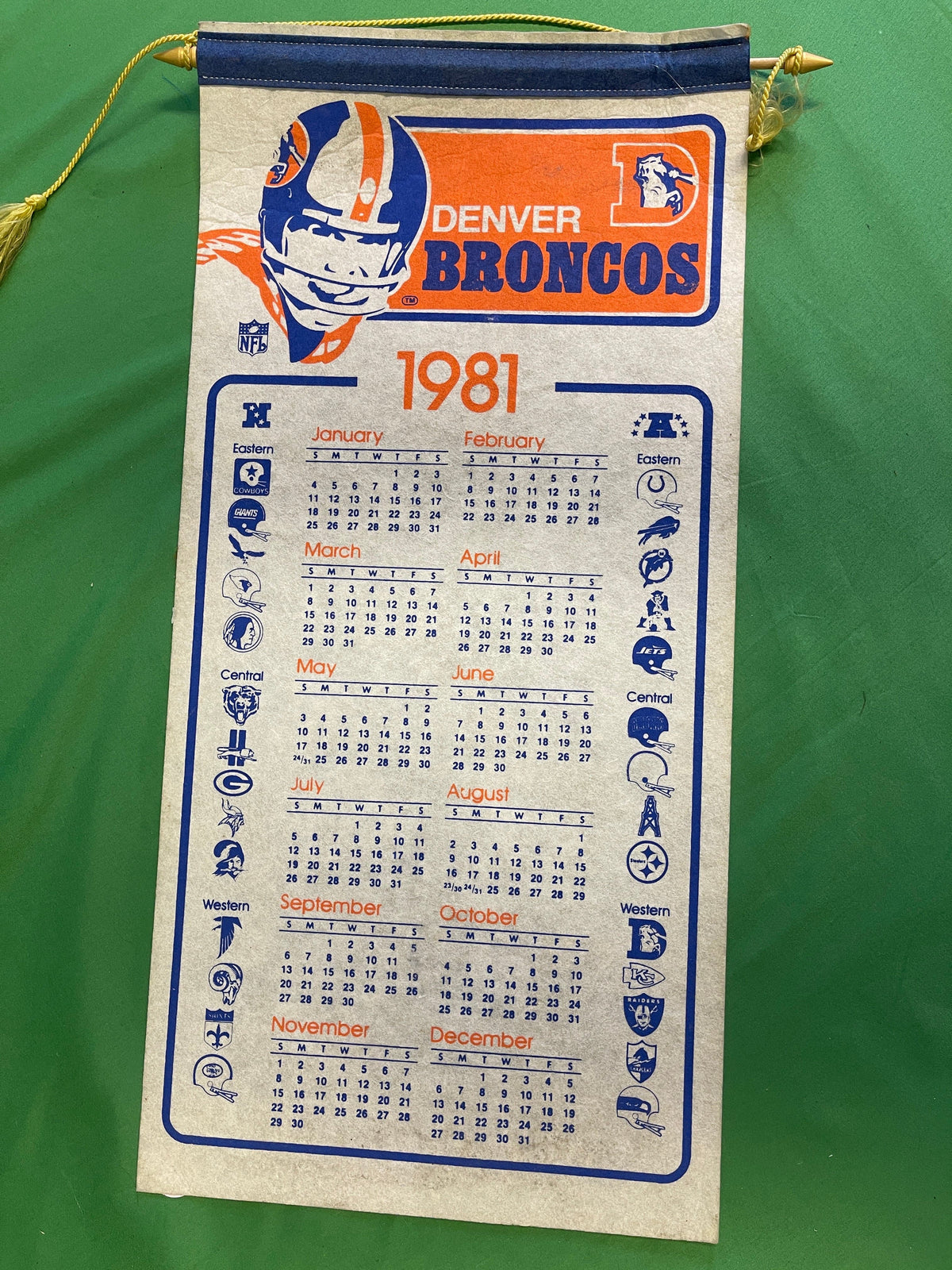 NFL Denver Broncos Fan Cave Vintage 1981 Felt Wall Calendar w/NFL Divisions