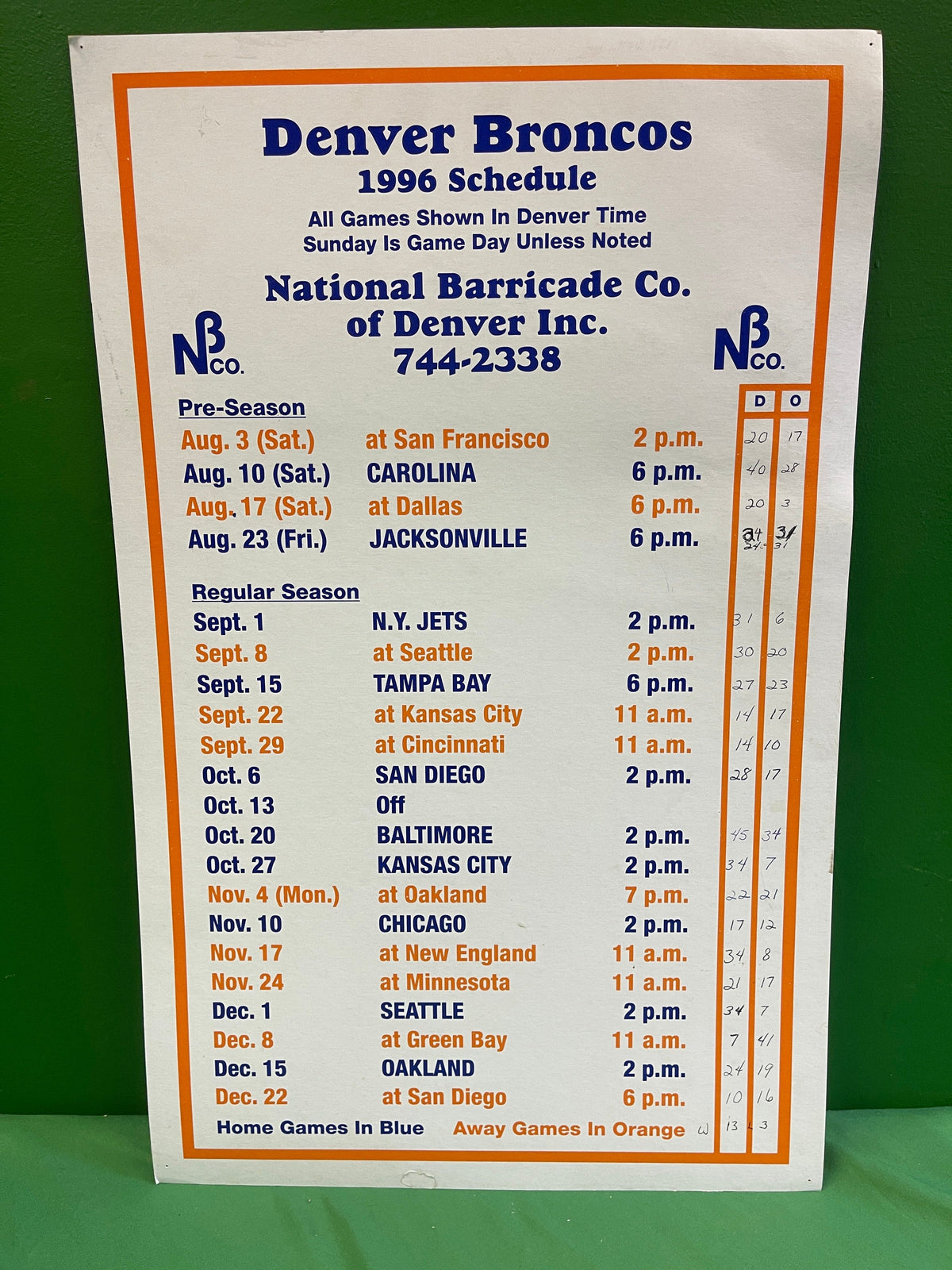 NFL Denver Broncos Fan Cave 1986 Schedule/Fixtures Collectable Promo Poster