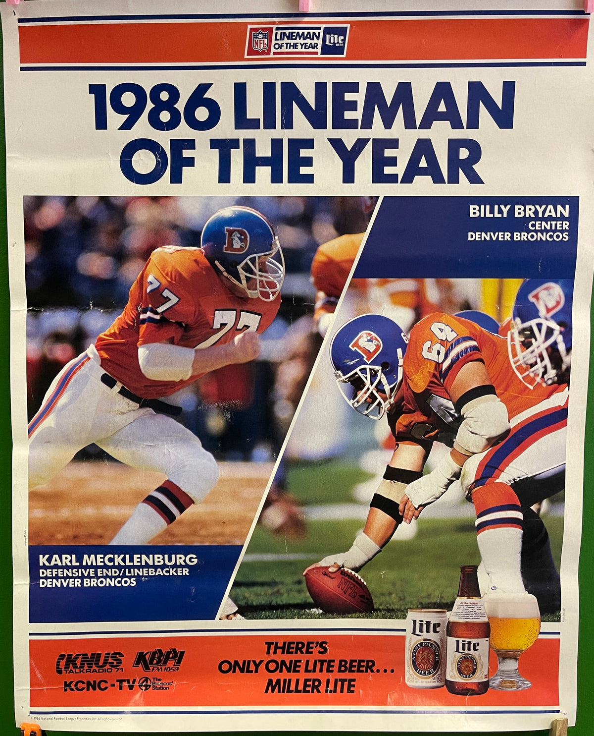 NFL Denver Broncos Miller Lite Vintage 1986 Lineman of the Year Poster