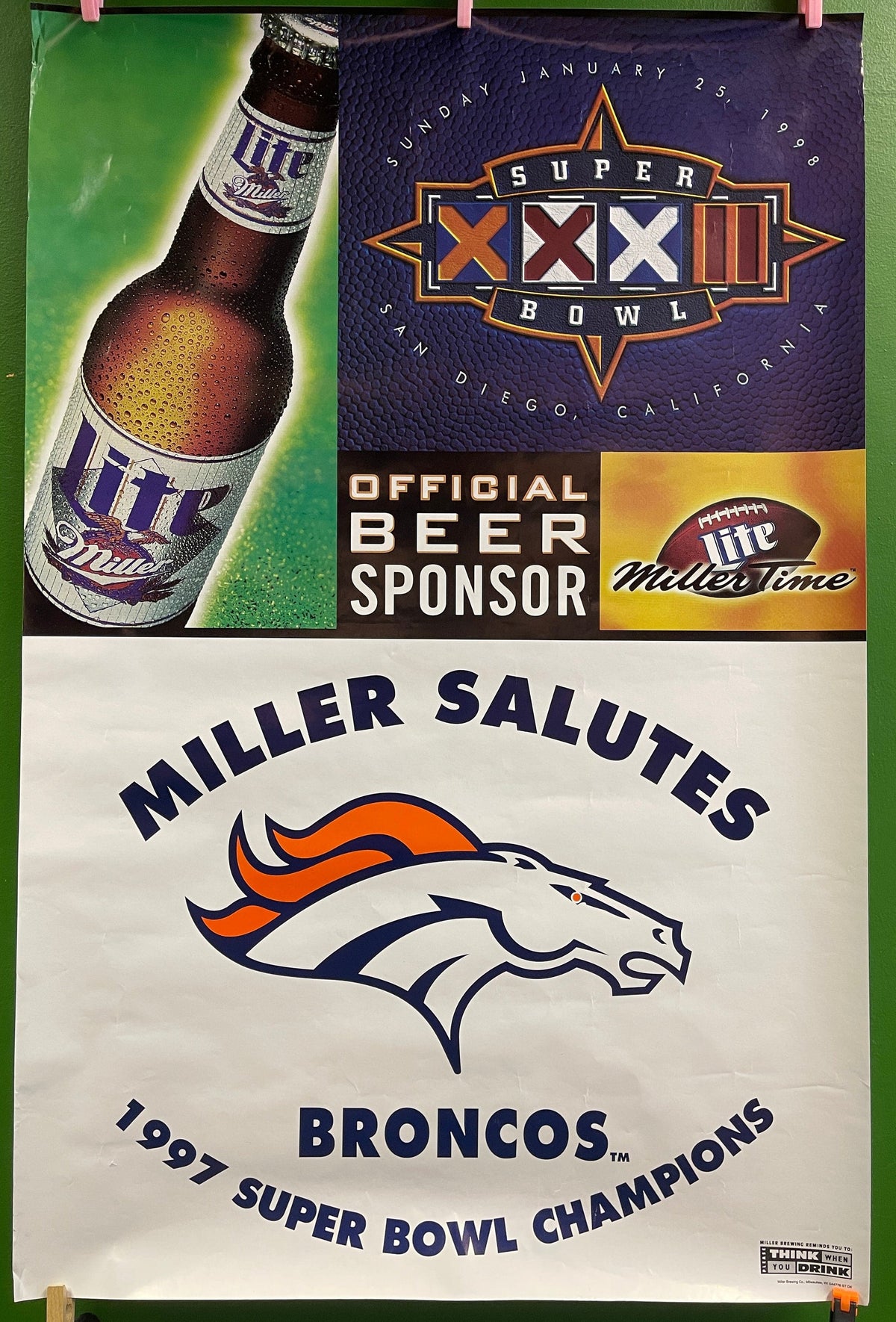 NFL Denver Broncos Miller Beer Vintage 1997 Super Bowl XXXII Poster