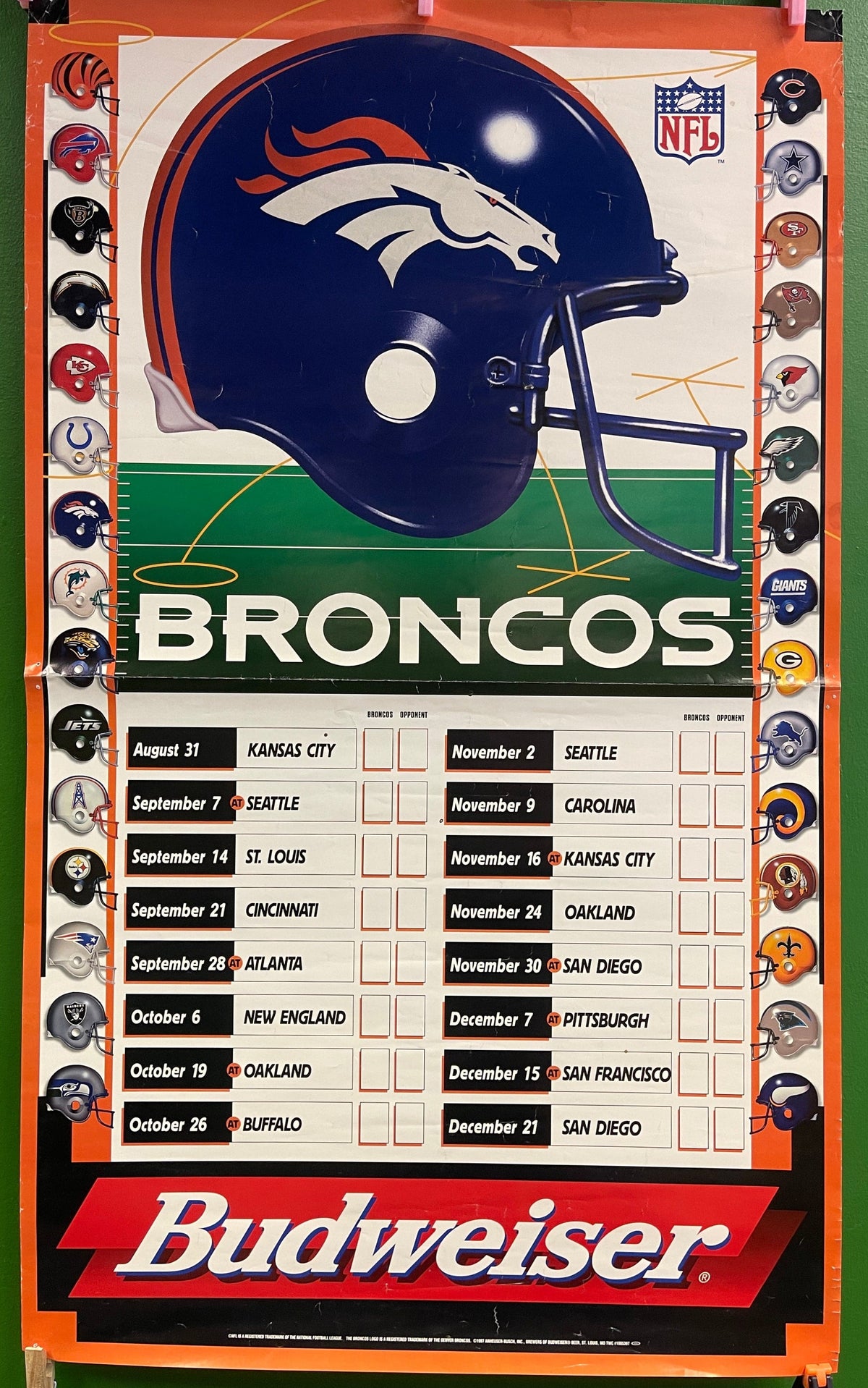 NFL Denver Broncos 1997 Schedule/Fixtures Collectable Promo Poster
