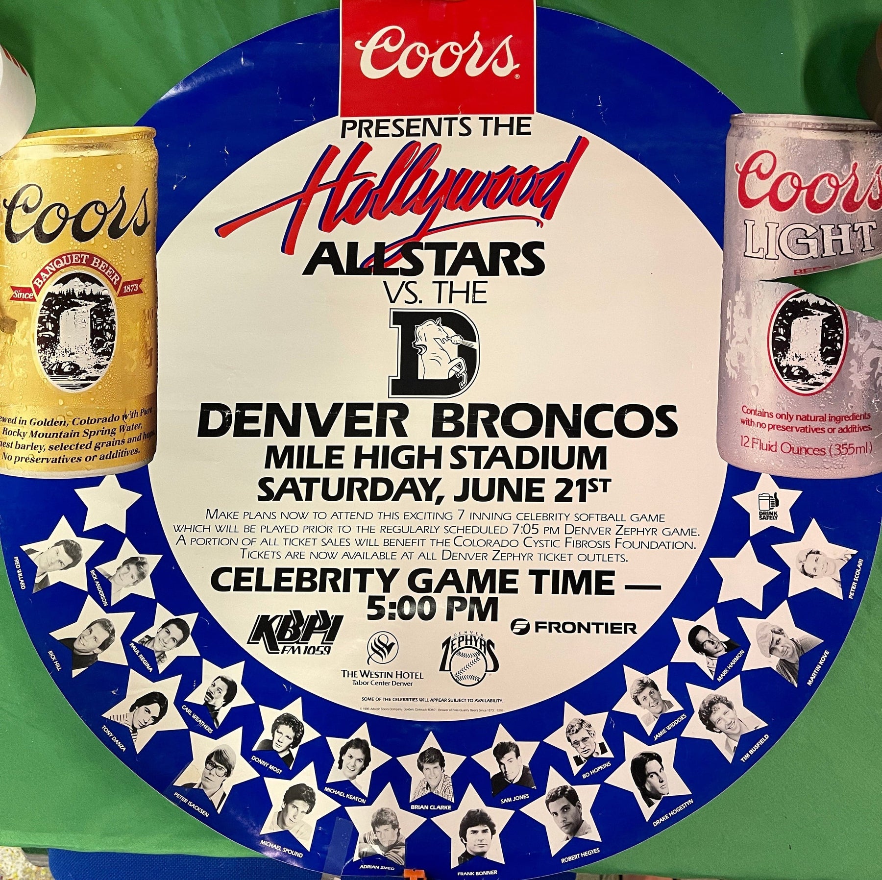 NFL Denver Broncos vs. Hollywood All Stars Vintage 1986 Zephyrs Baseball Poster