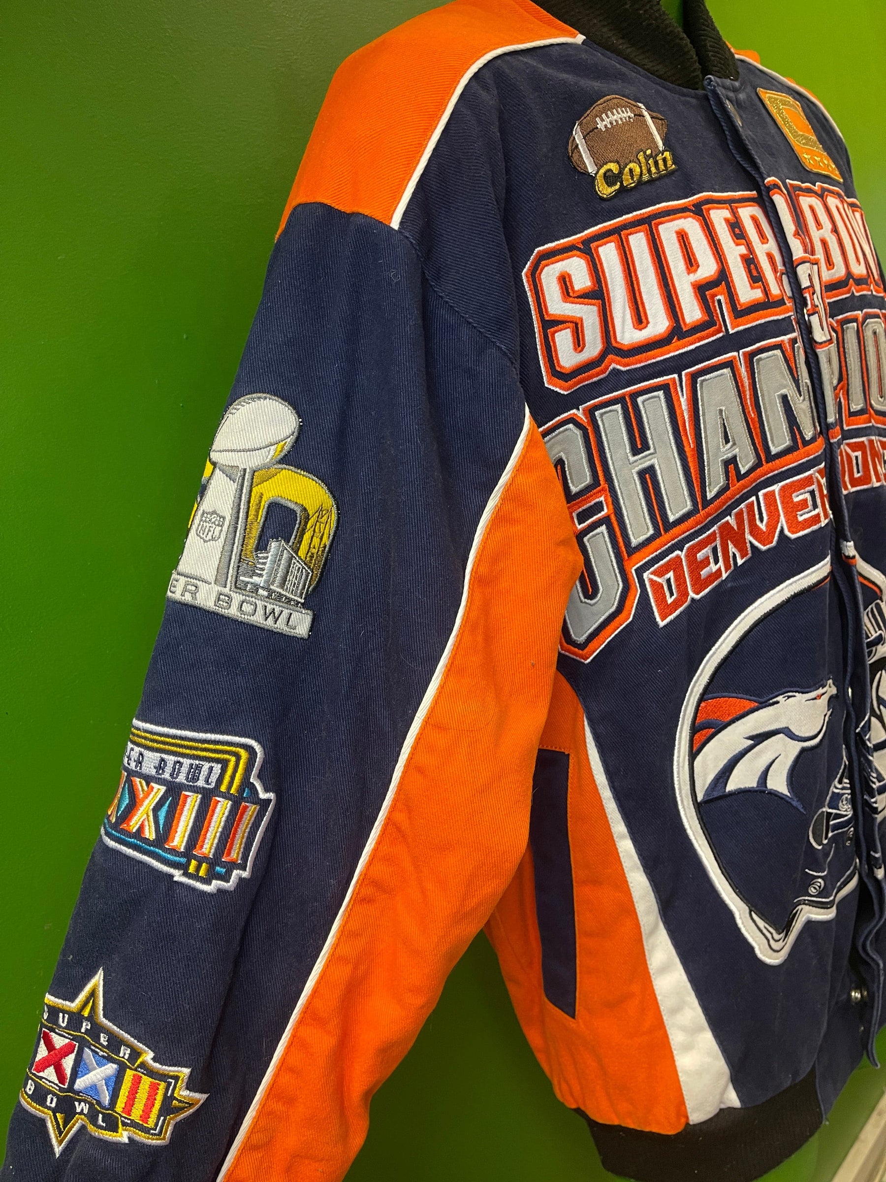 NFL Denver Broncos 3X Super Bowl Champions Canvas Bomber Jacket Coat Men's Small