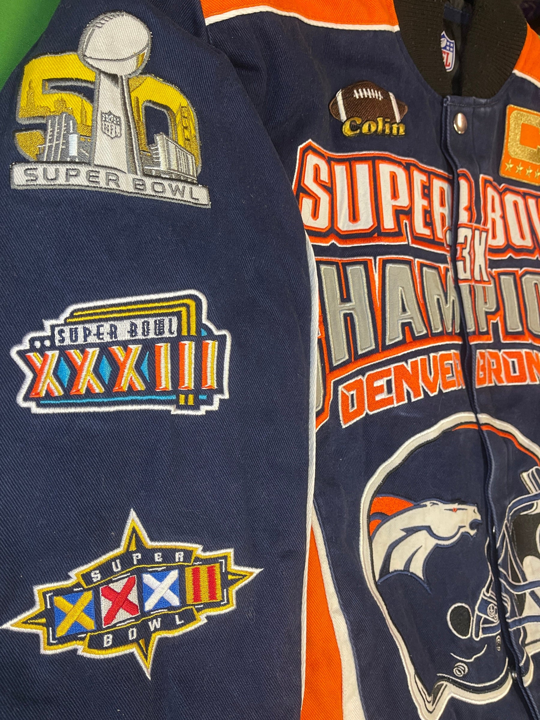 NFL Denver Broncos 3X Super Bowl Champions Canvas Bomber Jacket Coat Men's Small