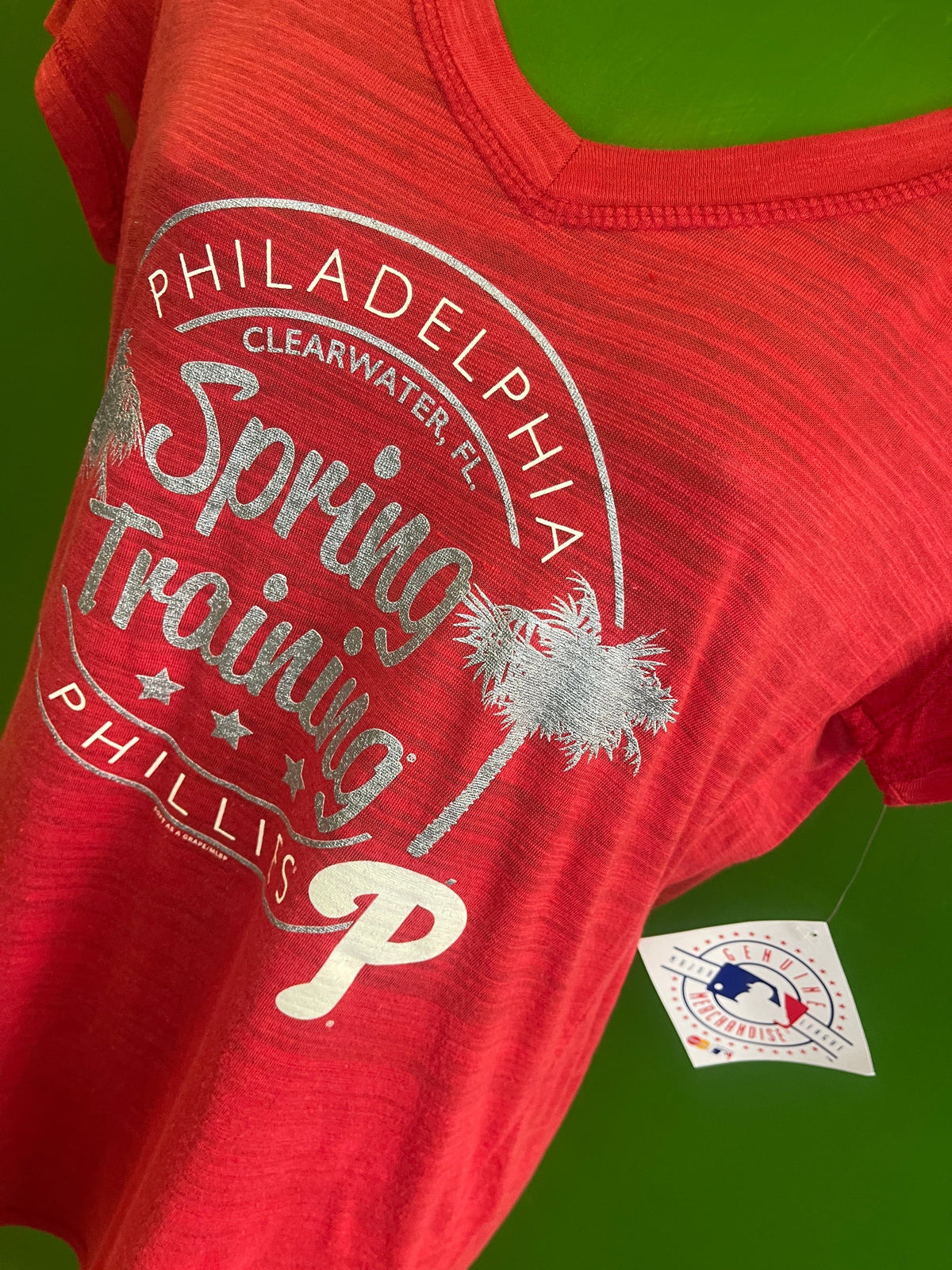 MLB Philadelphia Phillies Shiny "Spring Training" Sheer Tissue Fabric T-Shirt Women's Medium NWT