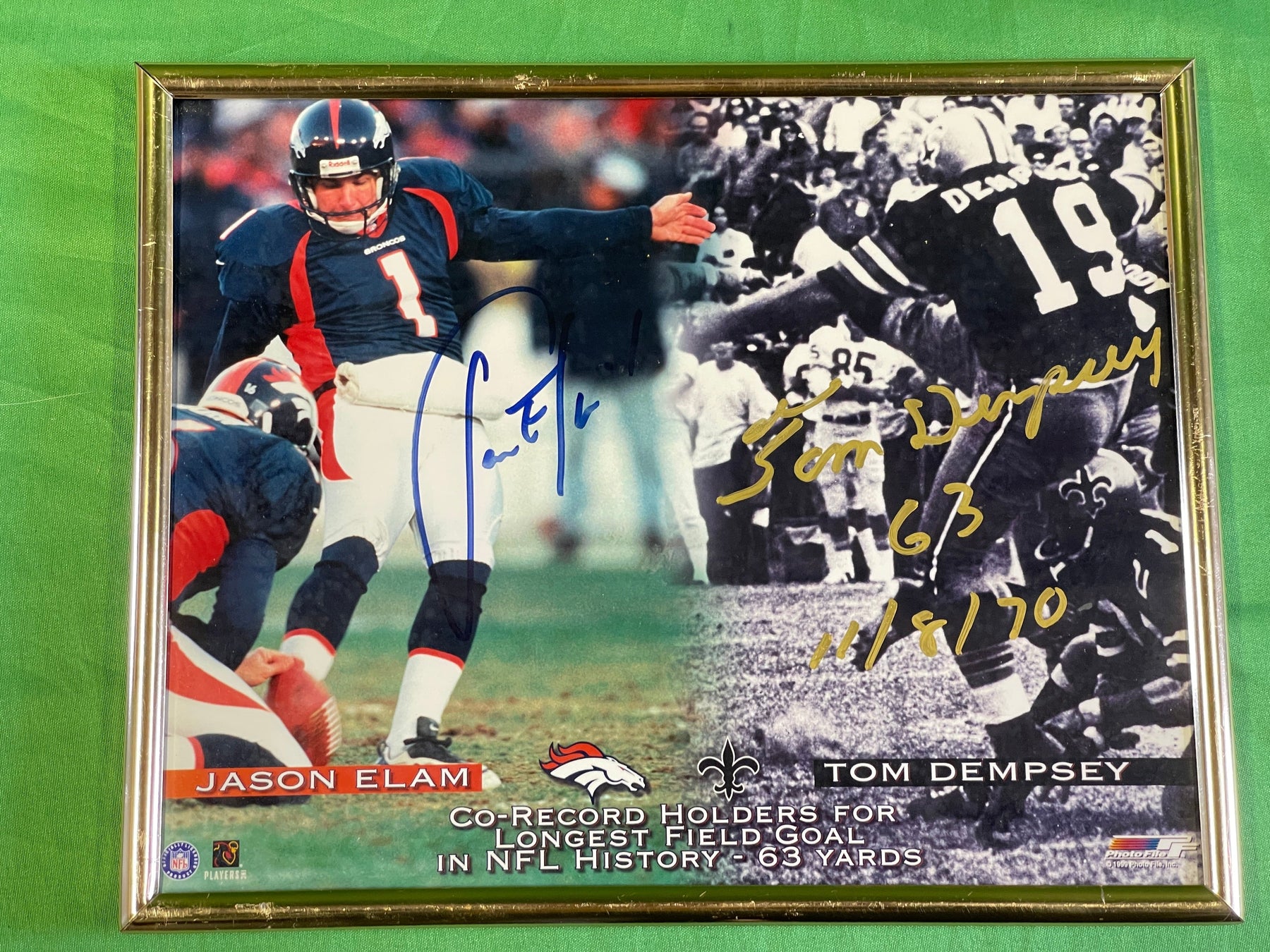 NFL Denver Broncos Jason Elam #1 Dempsey 63 Yard FG COA Autographed Photo