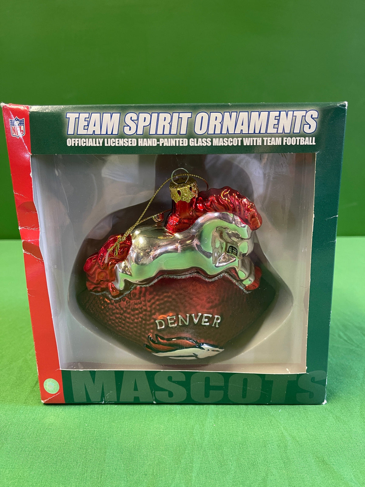 NFL Denver Broncos Scottish Glass Christmas Ornament w/Box