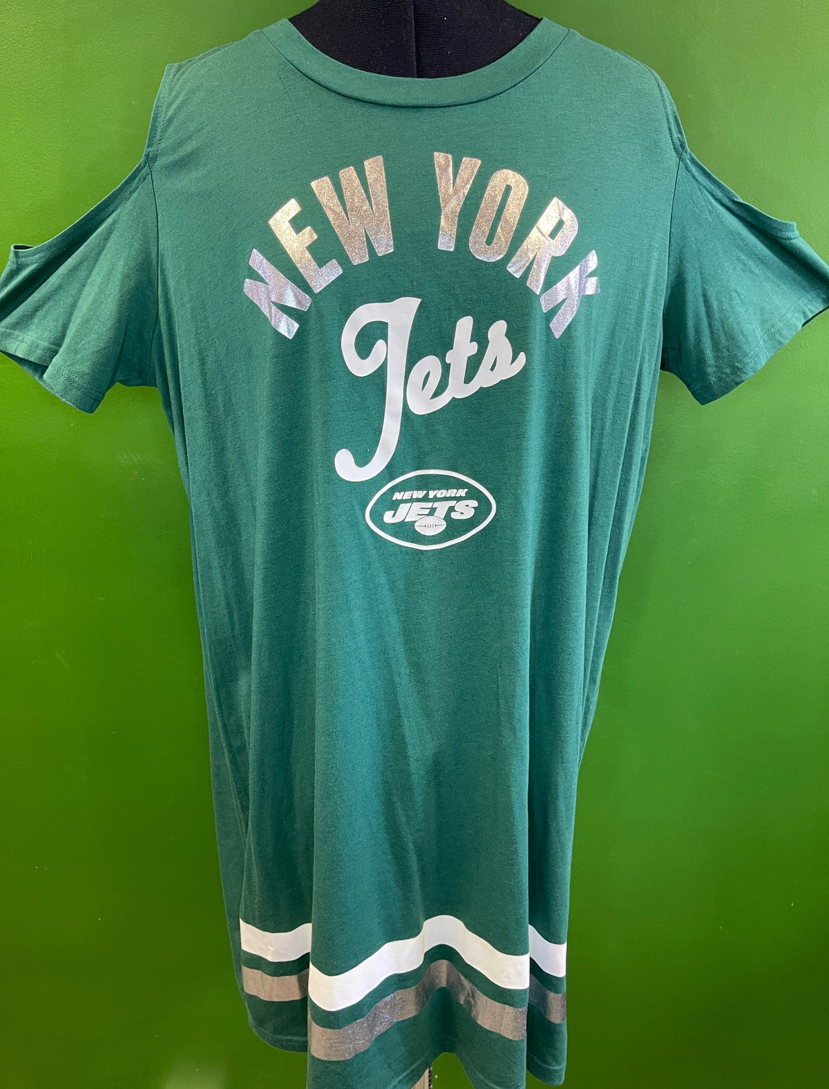 NFL New York Jets Sparkly Cold Shoulder T-Shirt Dress Women's X-Large