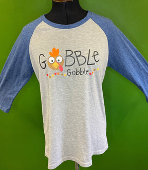 Thanksgiving Turkey "Gobble Gobble" Raglan 3/4 Sleeve T-Shirt Women's Large