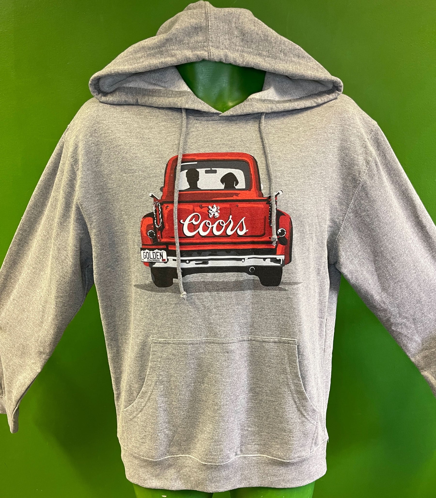 Coors Beer Pickup Truck Man and Dog Heathered Grey Hoodie Men's Large