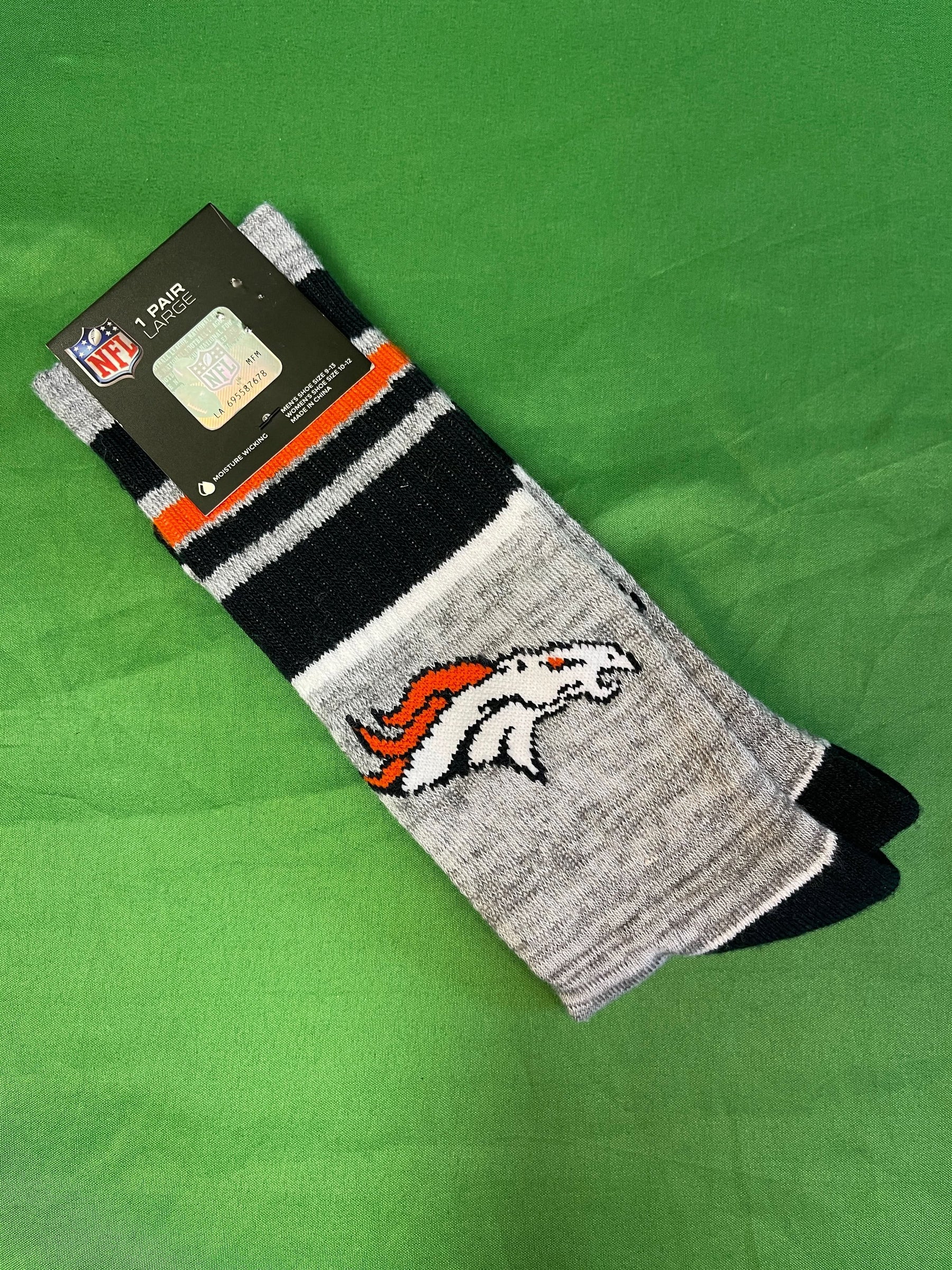 NFL Denver Broncos Grey Striped Moisture Wicking Socks Large NWT