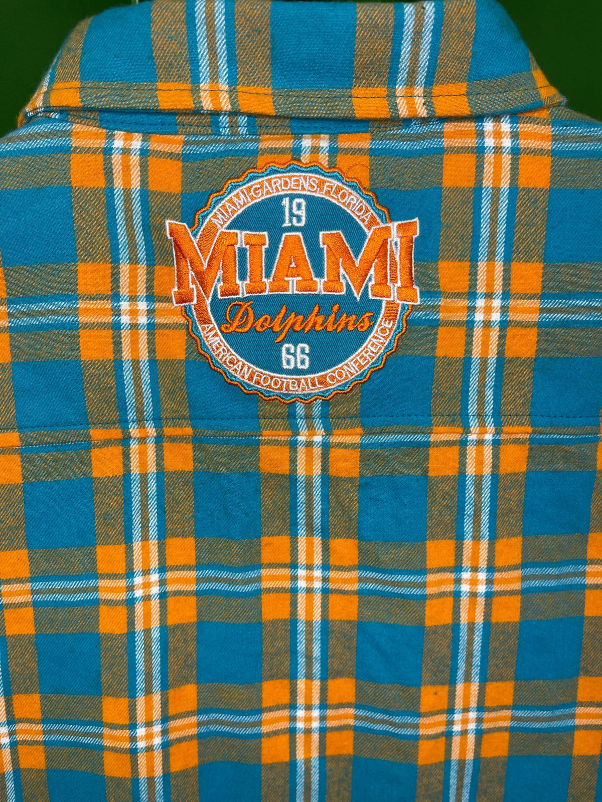 NFL Miami Dolphins KLEW Green & Orange Stitched Flannel Shirt Men's X-Large NWT