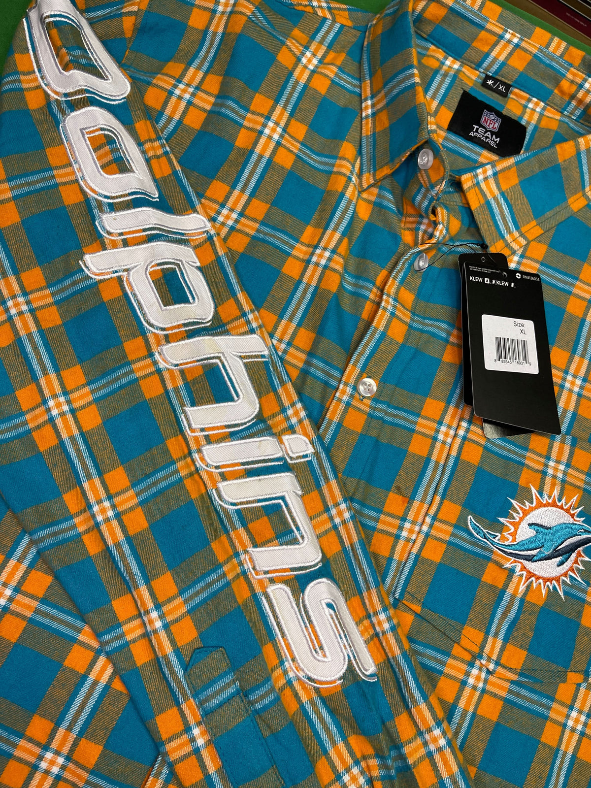 NFL Miami Dolphins KLEW Green & Orange Stitched Flannel Shirt Men's X-Large NWT