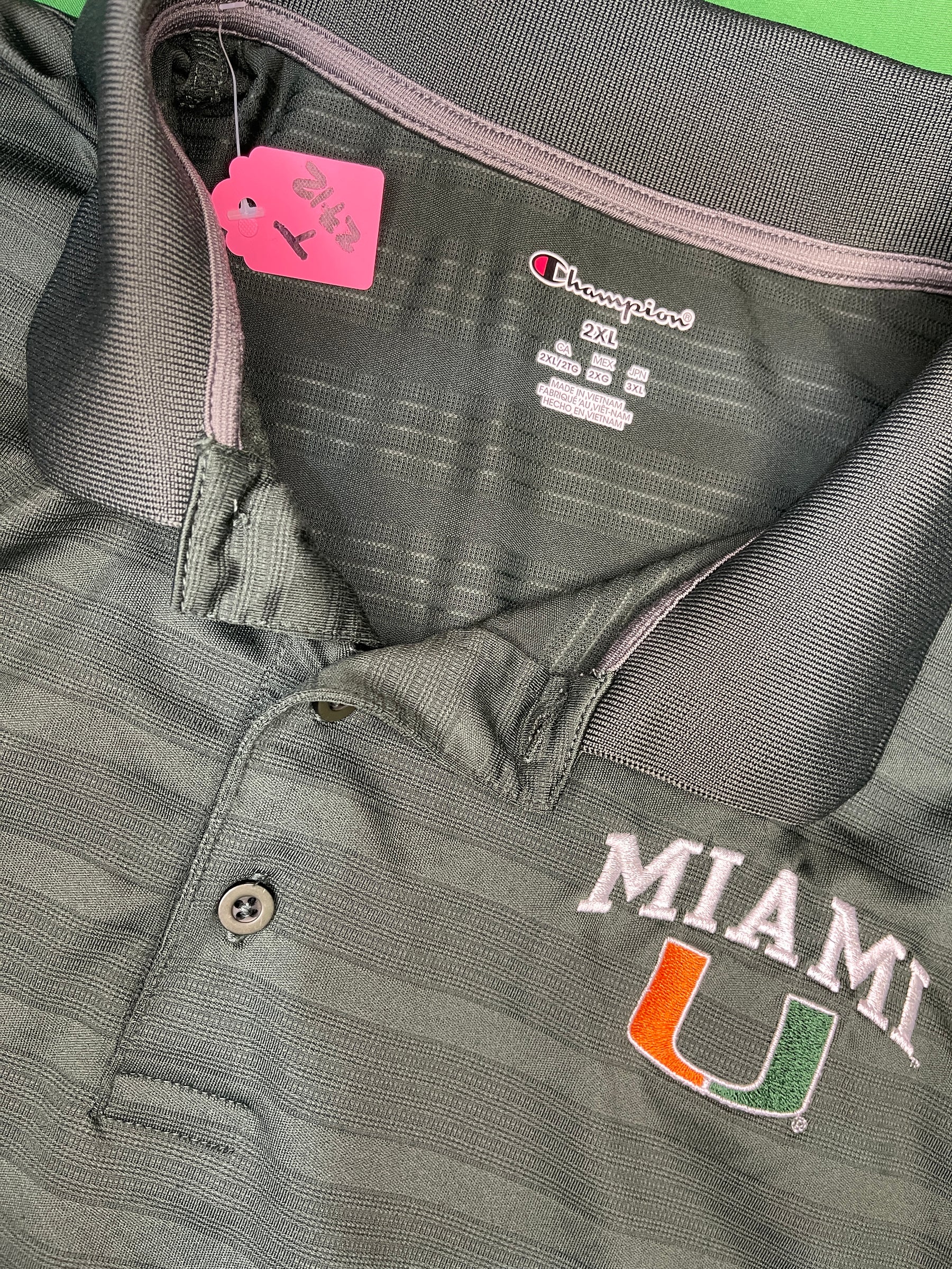NCAA Miami Hurricanes Champion Green Polo Golf Shirt White Piping Men's 2X-Large