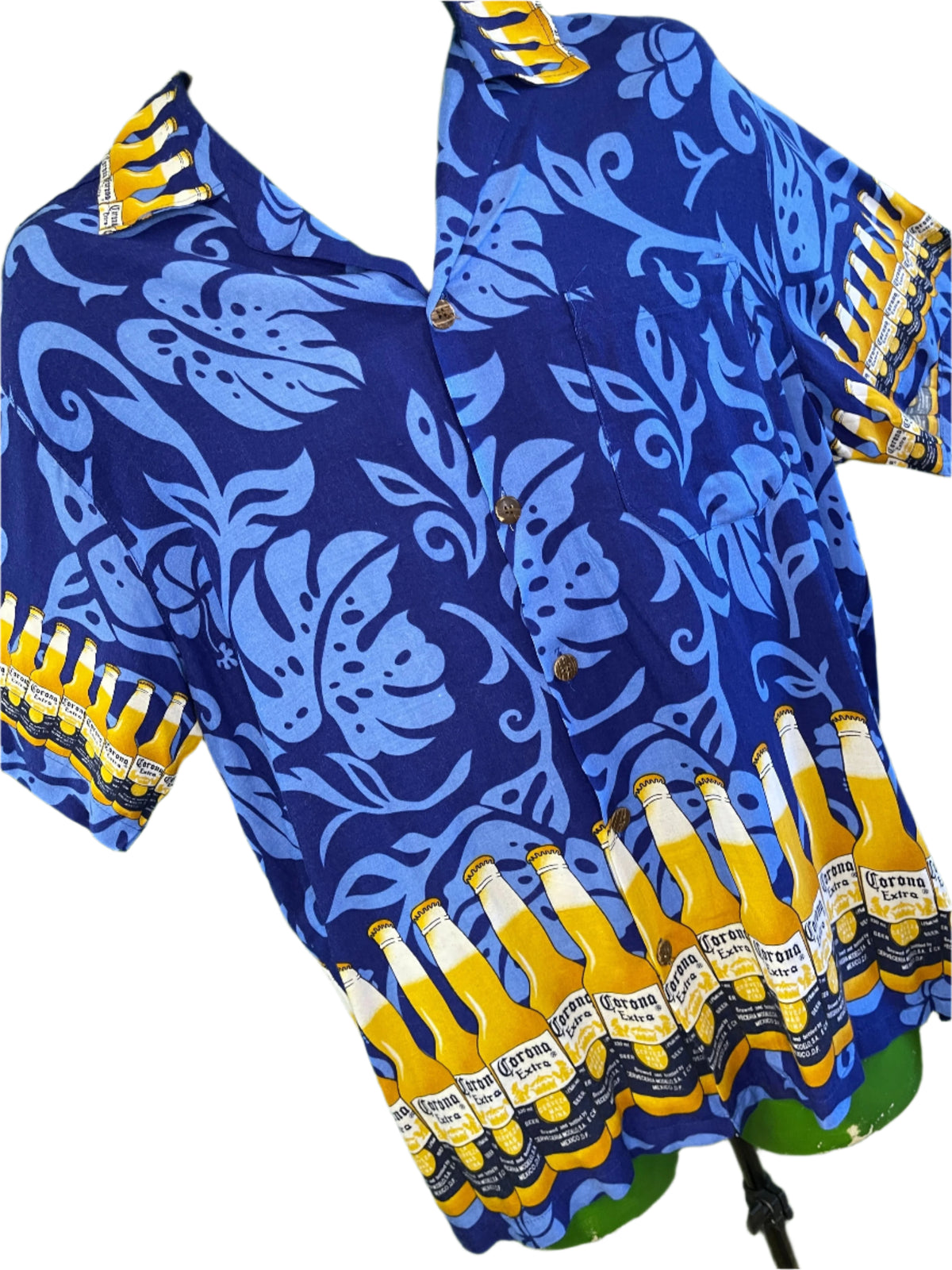Corona Beer Blue & Gold Hawaiian-Style Aloha Shirt Men's Large