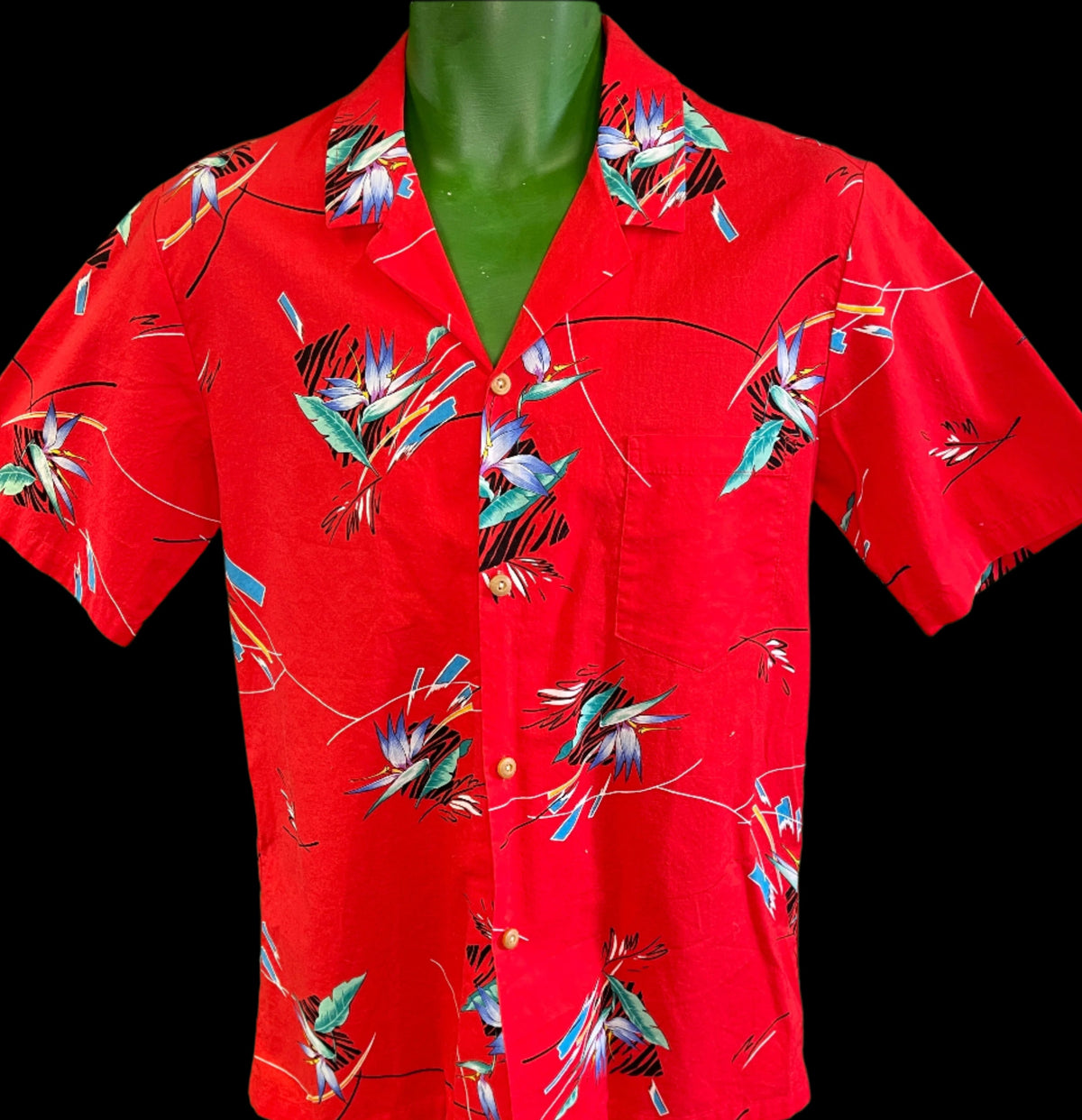 Hawaiian Aloha Shirt Made in Hawaii Vintage Red w/Bird of Paradise Men's Medium