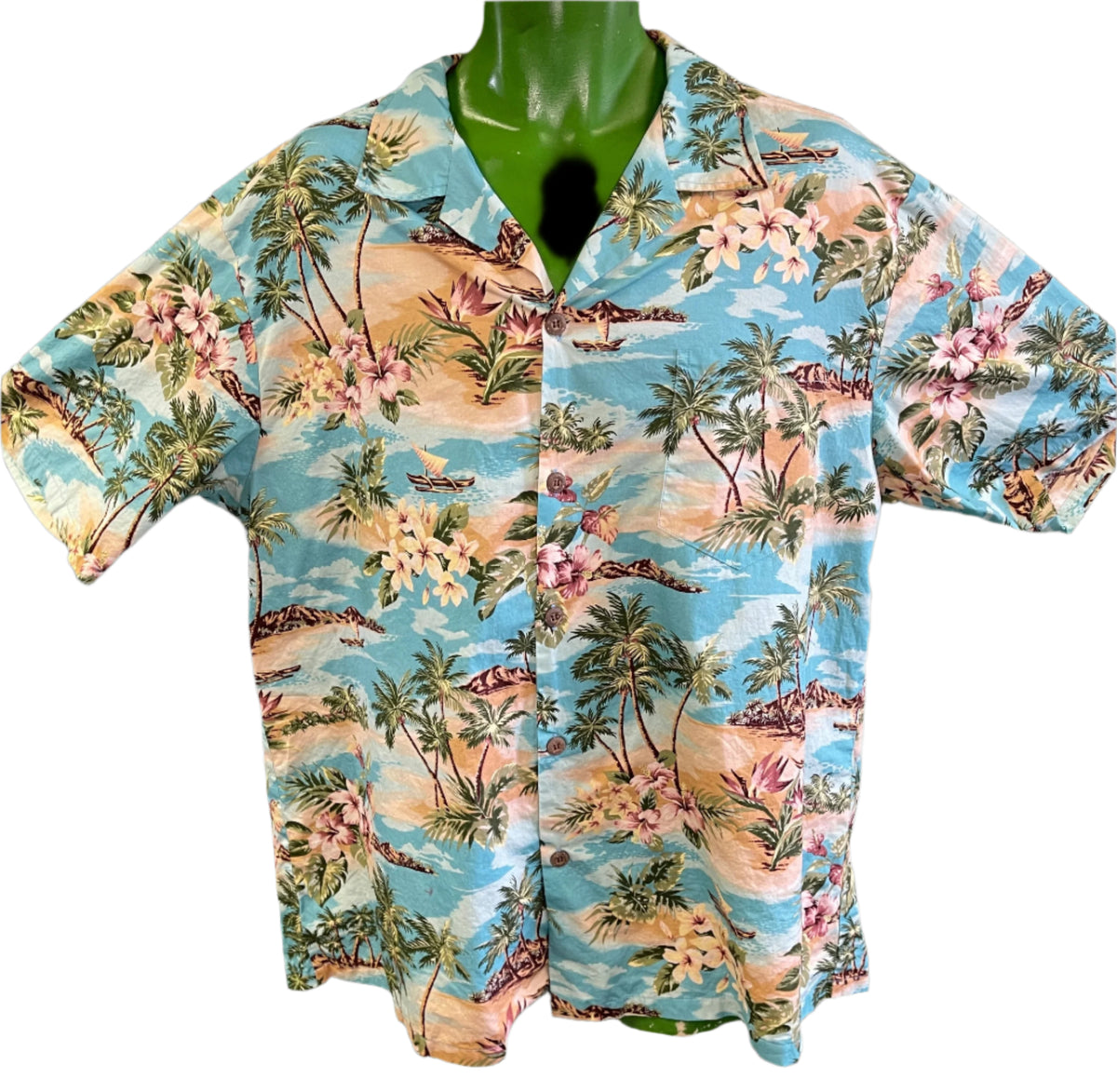 Hawaiian Aloha Shirt Made in Hawaii Aqua Palm Trees Beach Scenes Men's 2X-Large
