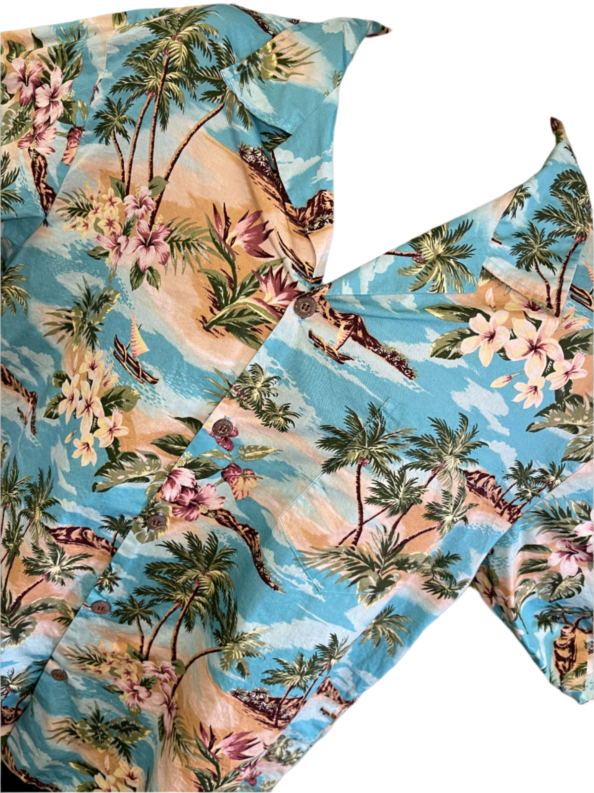Hawaiian Aloha Shirt Made in Hawaii Aqua Palm Trees Beach Scenes Men's 2X-Large