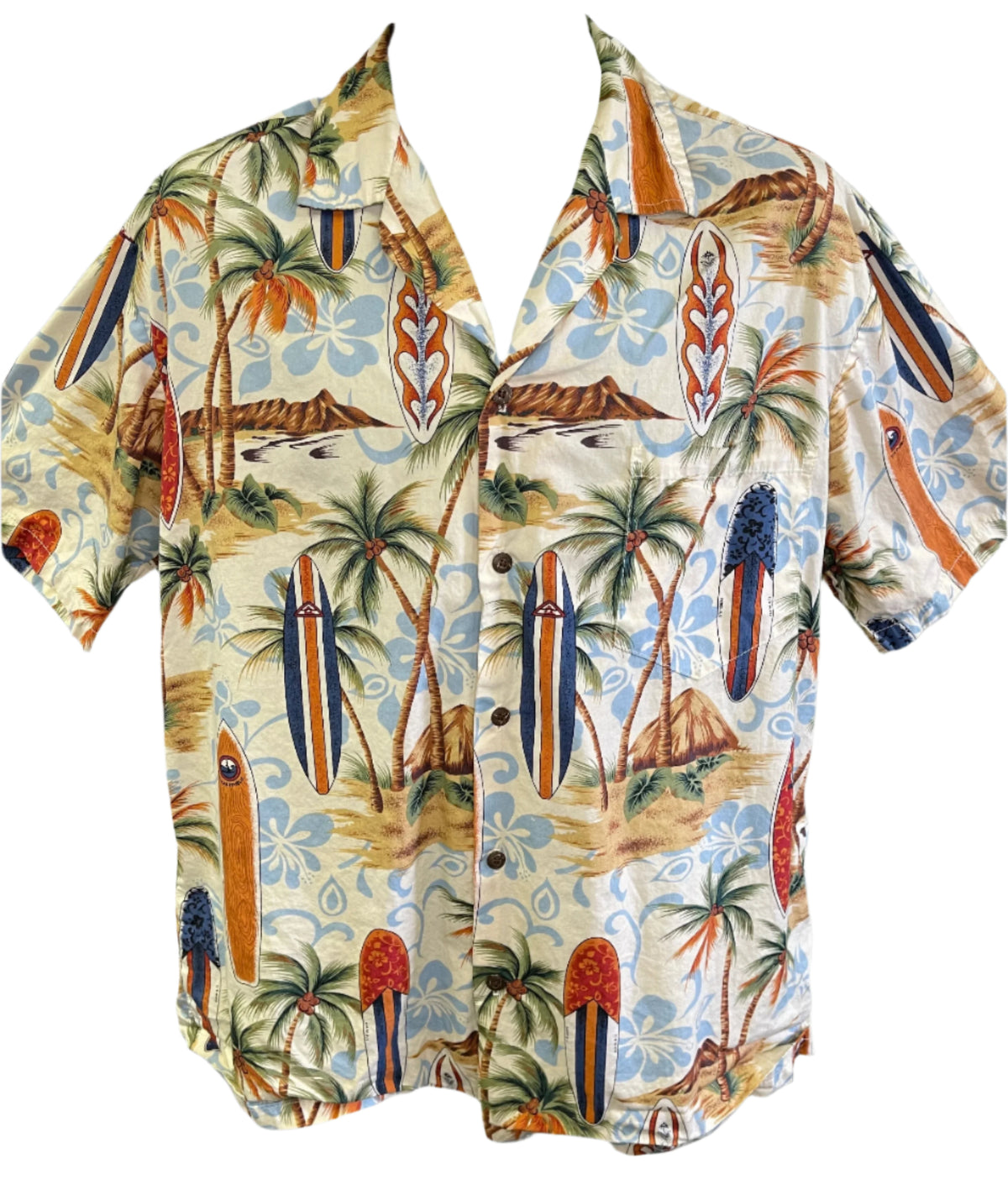 Hawaiian Aloha Shirt Made in Hawaii Beige w/Palm Trees Surfboards Men's Large