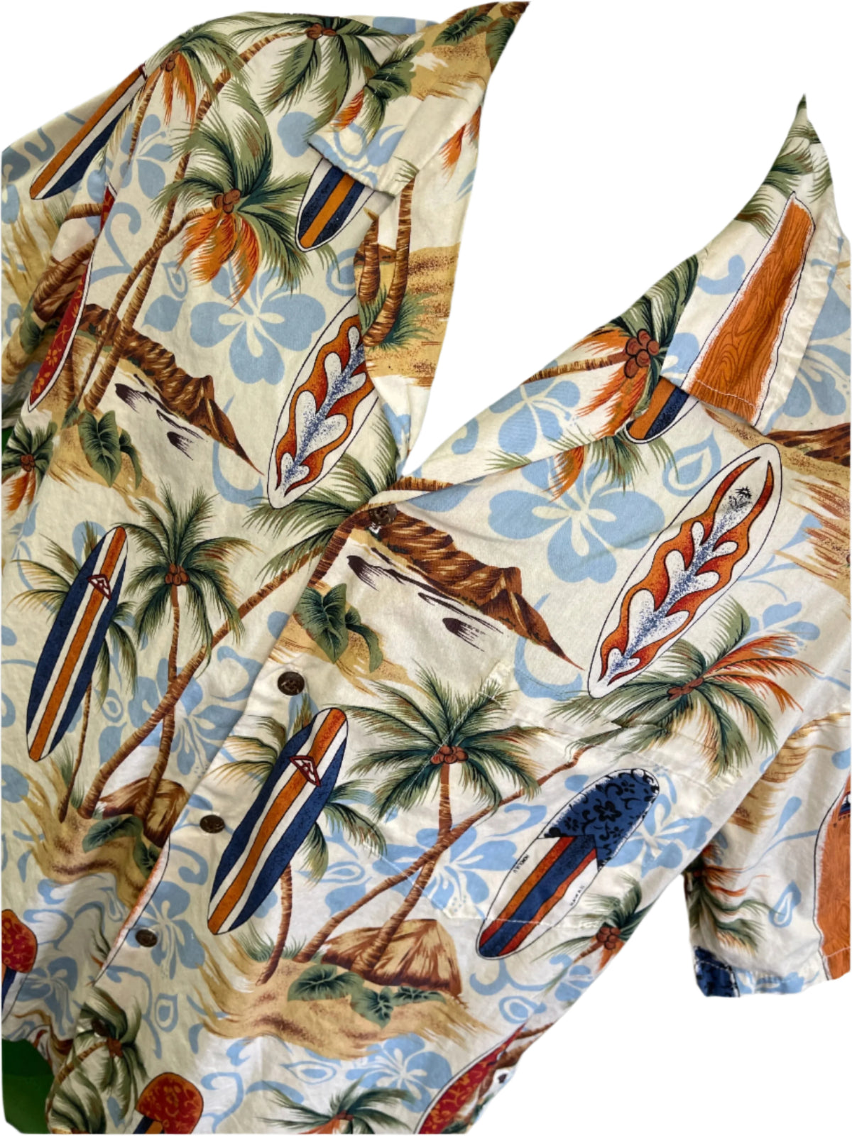 Hawaiian Aloha Shirt Made in Hawaii Beige w/Palm Trees Surfboards Men's Large