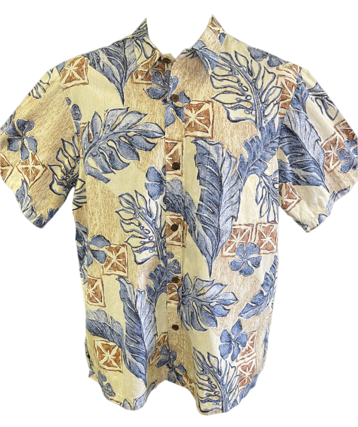 Hawaiian Aloha Shirt Made in Hawaii Dark Blue Tan Palm Leaves Men's Large